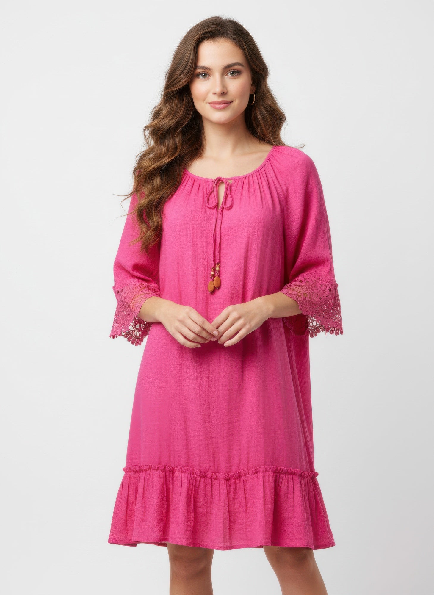 Vibrant Fuchsia Lace-Cuff Dress