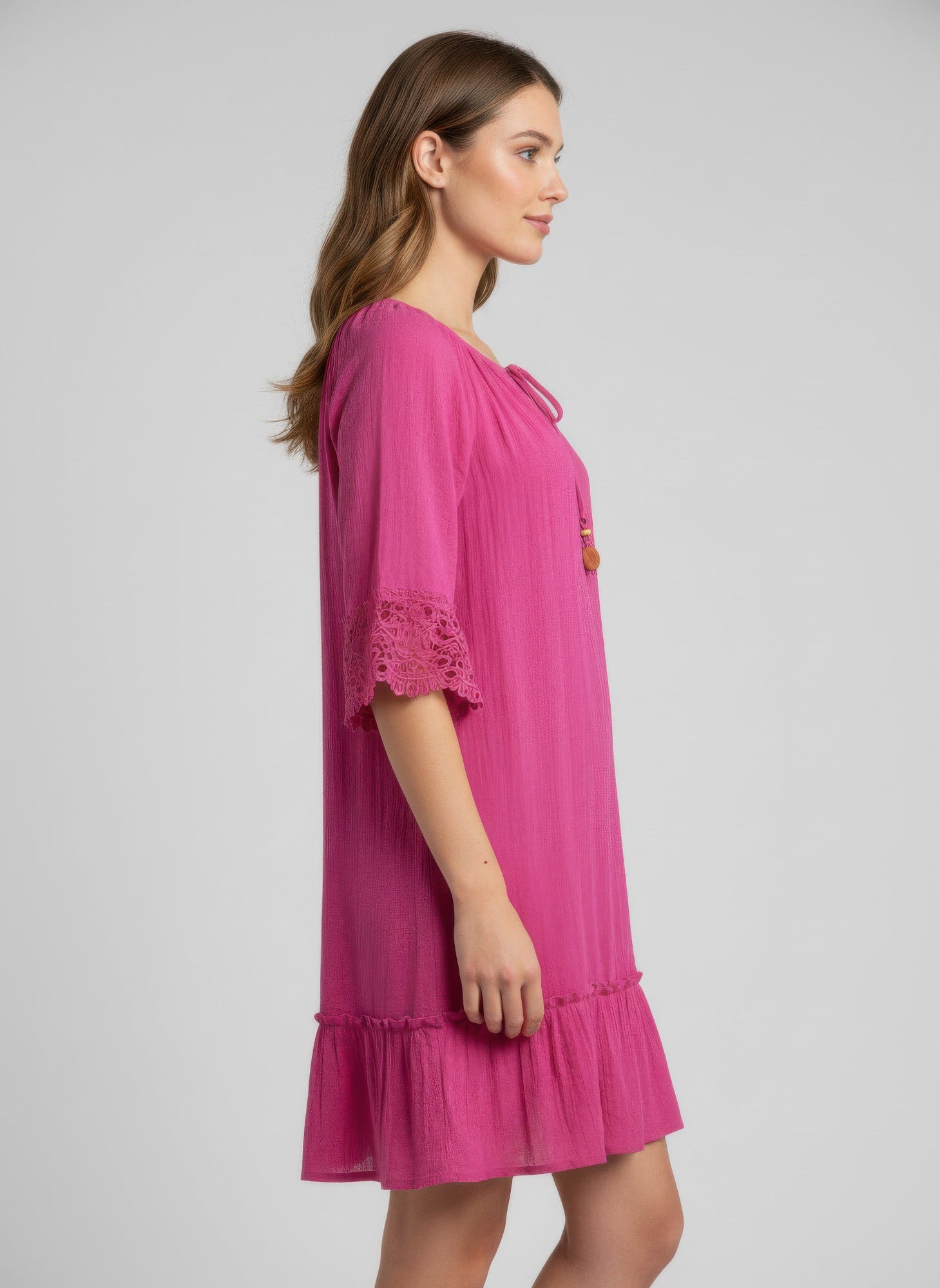 Vibrant Fuchsia Lace-Cuff Dress