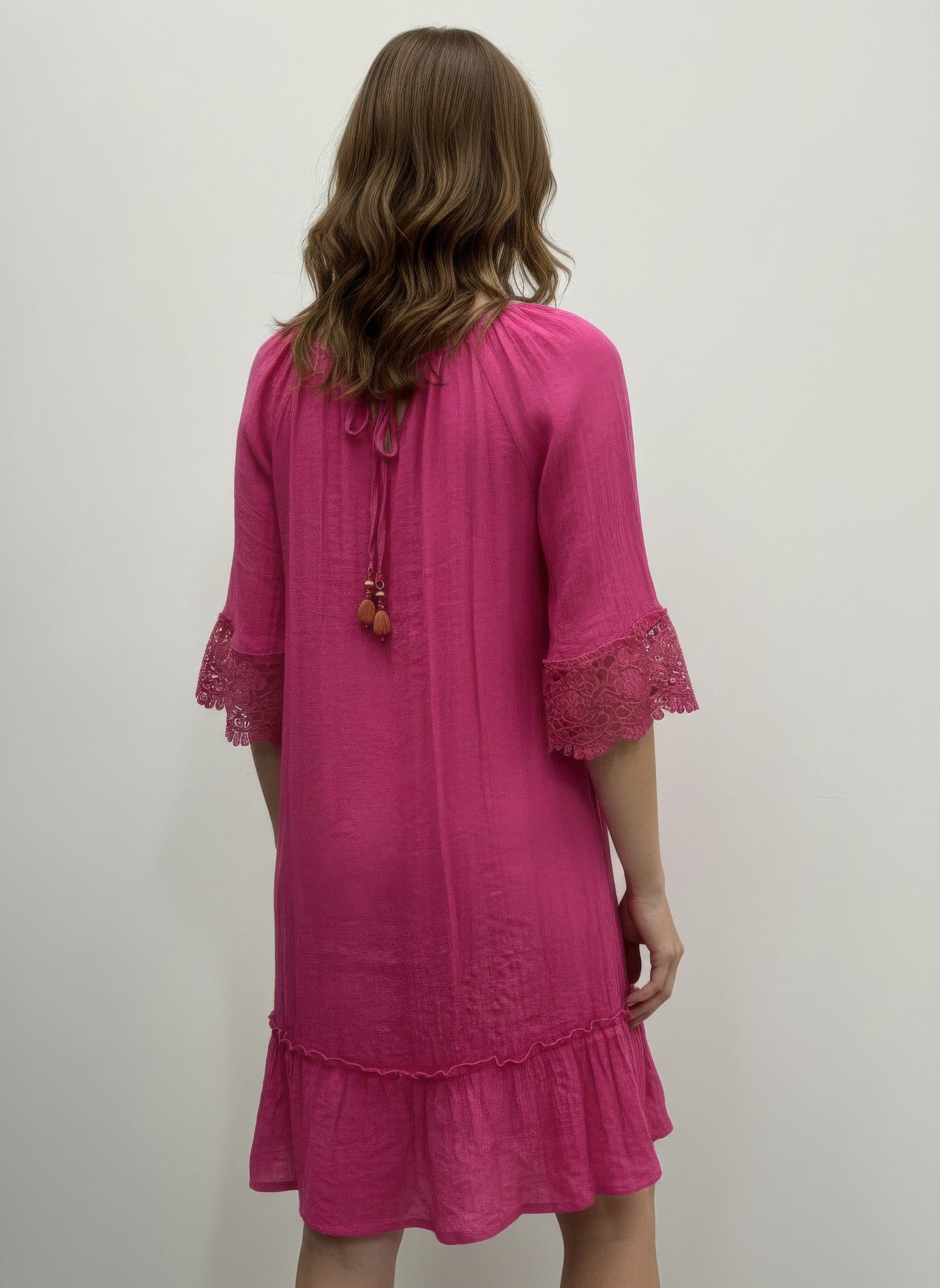 Vibrant Fuchsia Lace-Cuff Dress, back view