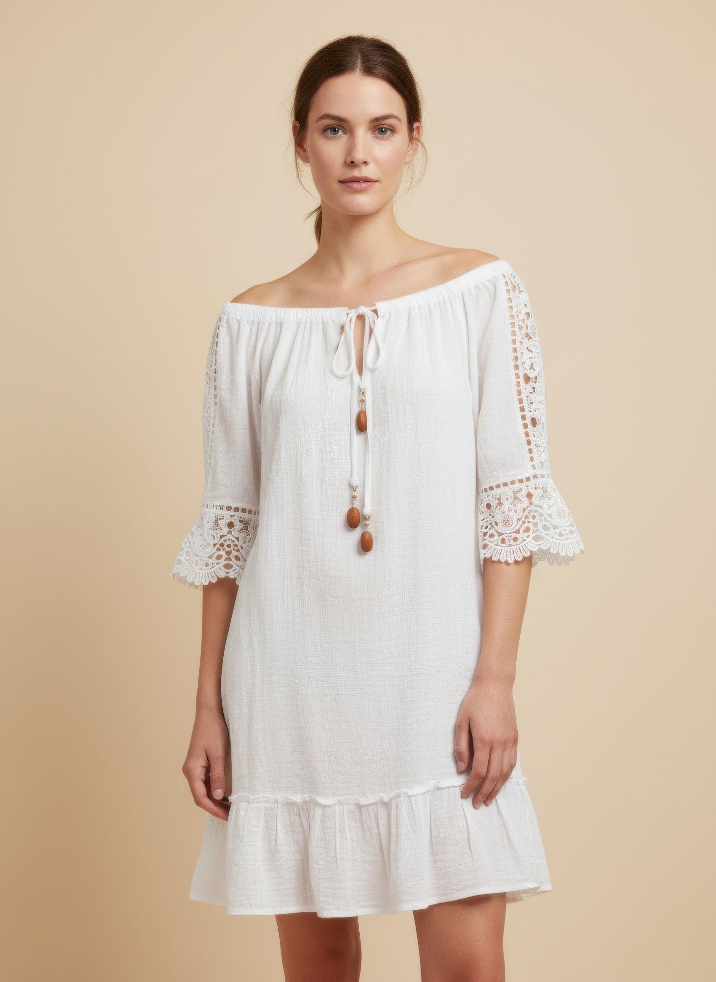 White Off-Shoulder Lace-Cuff Dress with wooden beads on the neckline
