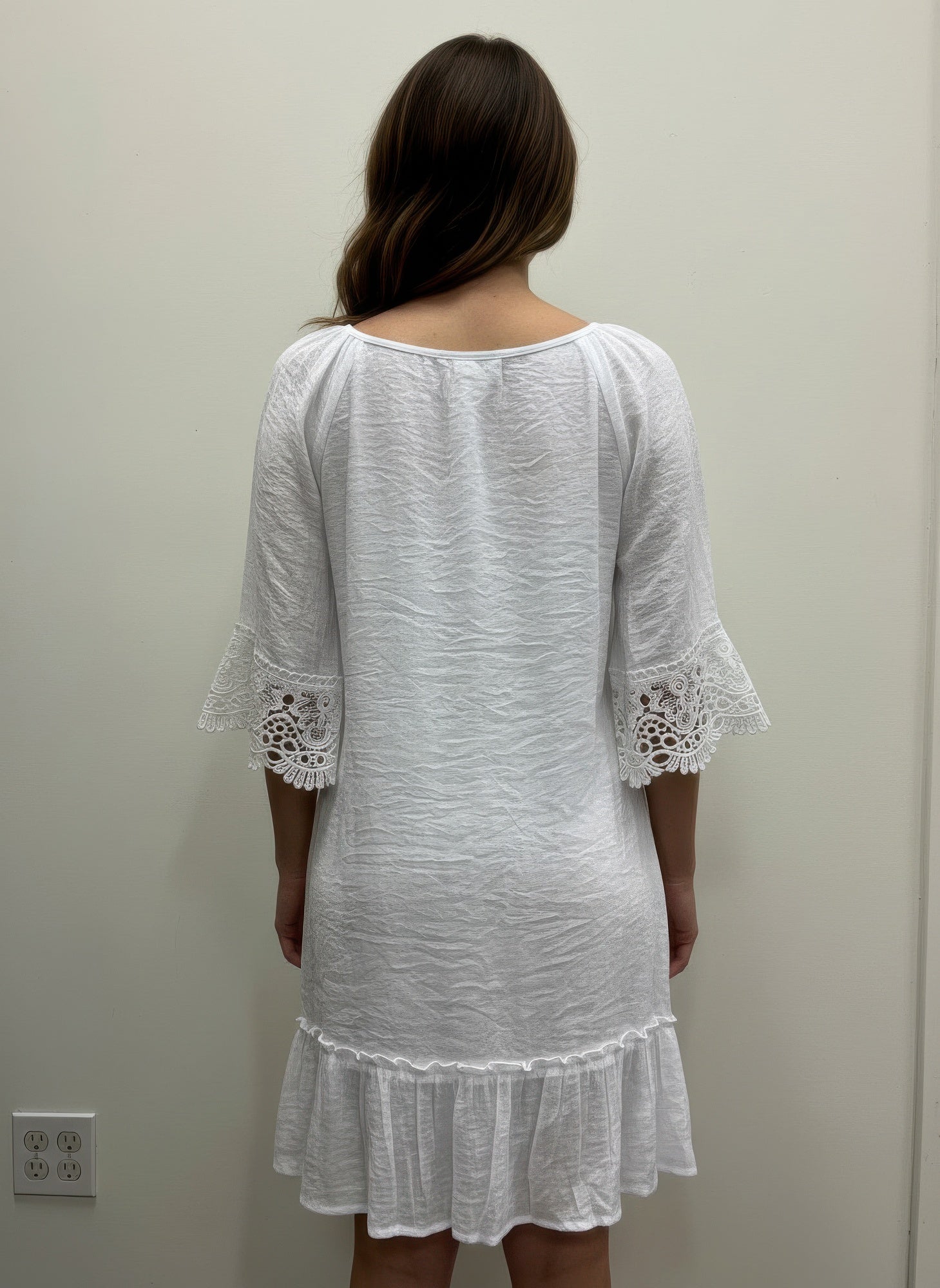 White Off-Shoulder Lace-Cuff Dress, back view