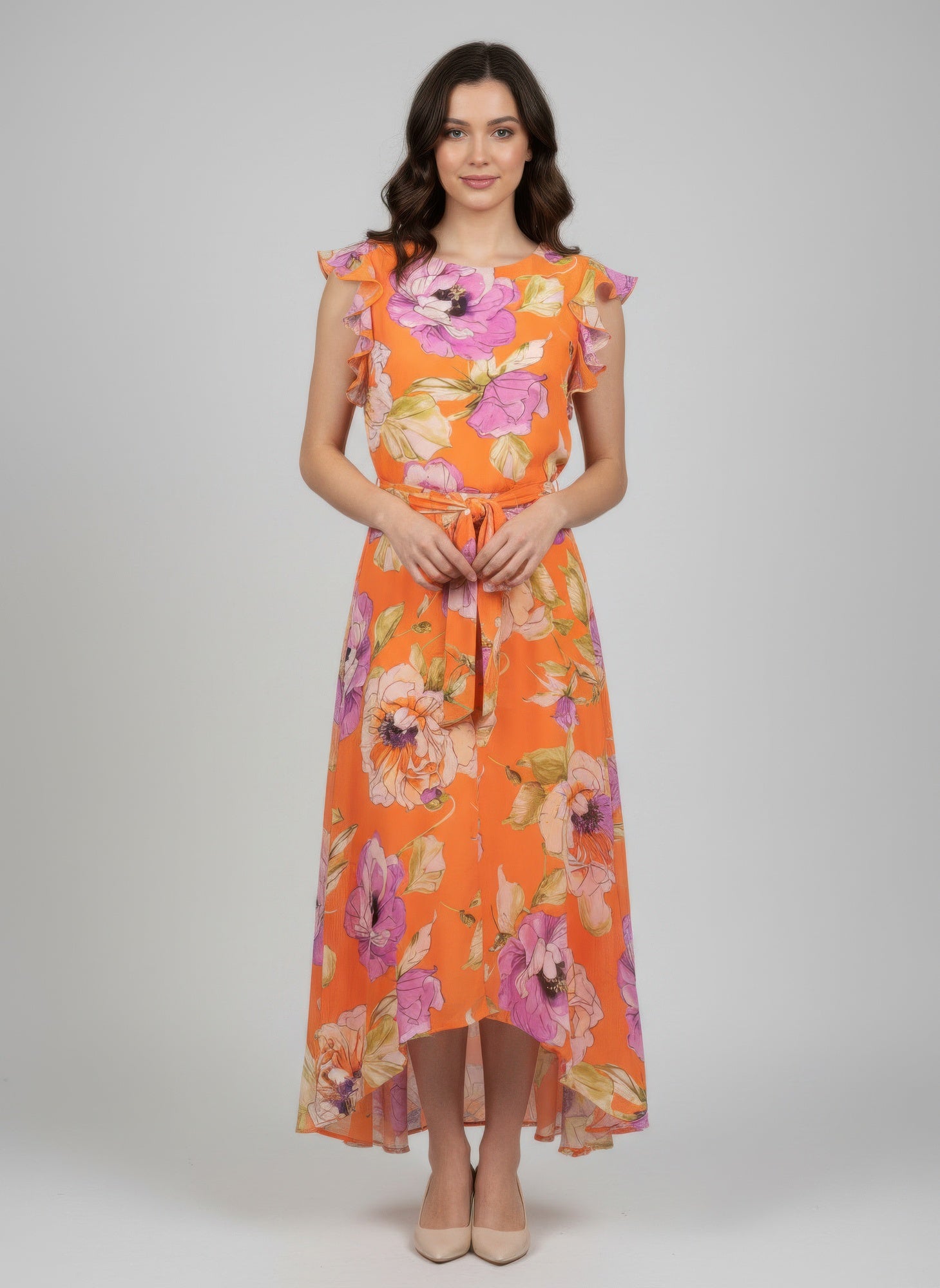 Bright Orange Floral Ruffle-Sleeve Dress