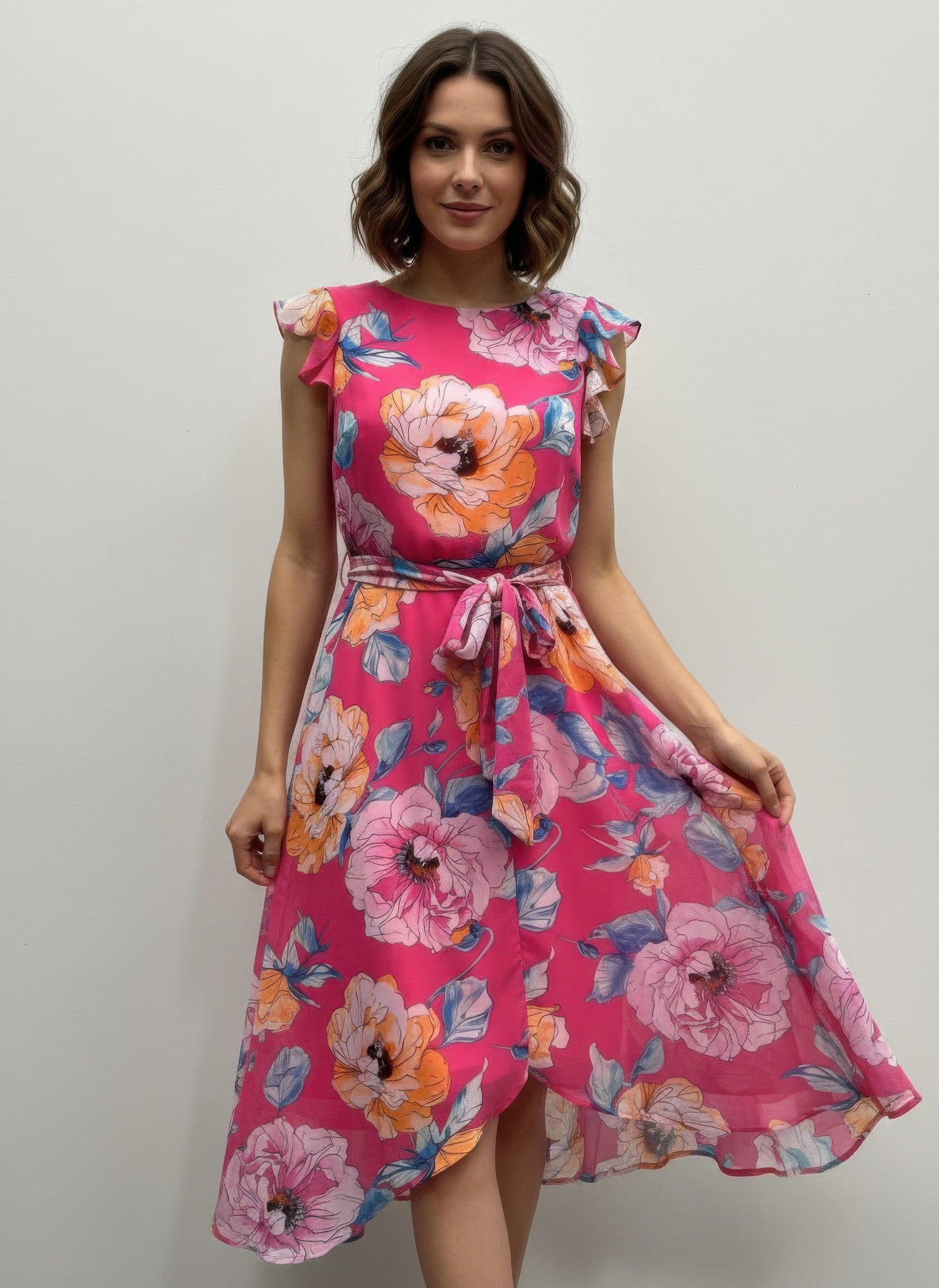 Bright Pink Floral Flutter-Sleeve Dress