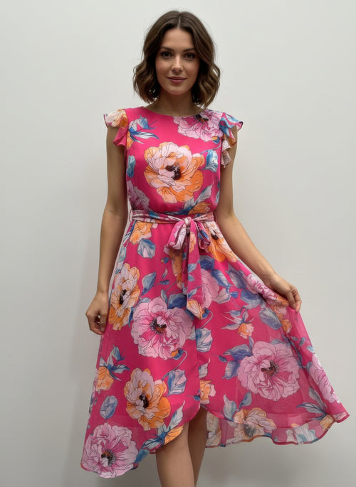 Bright Pink Floral Flutter-Sleeve Dress