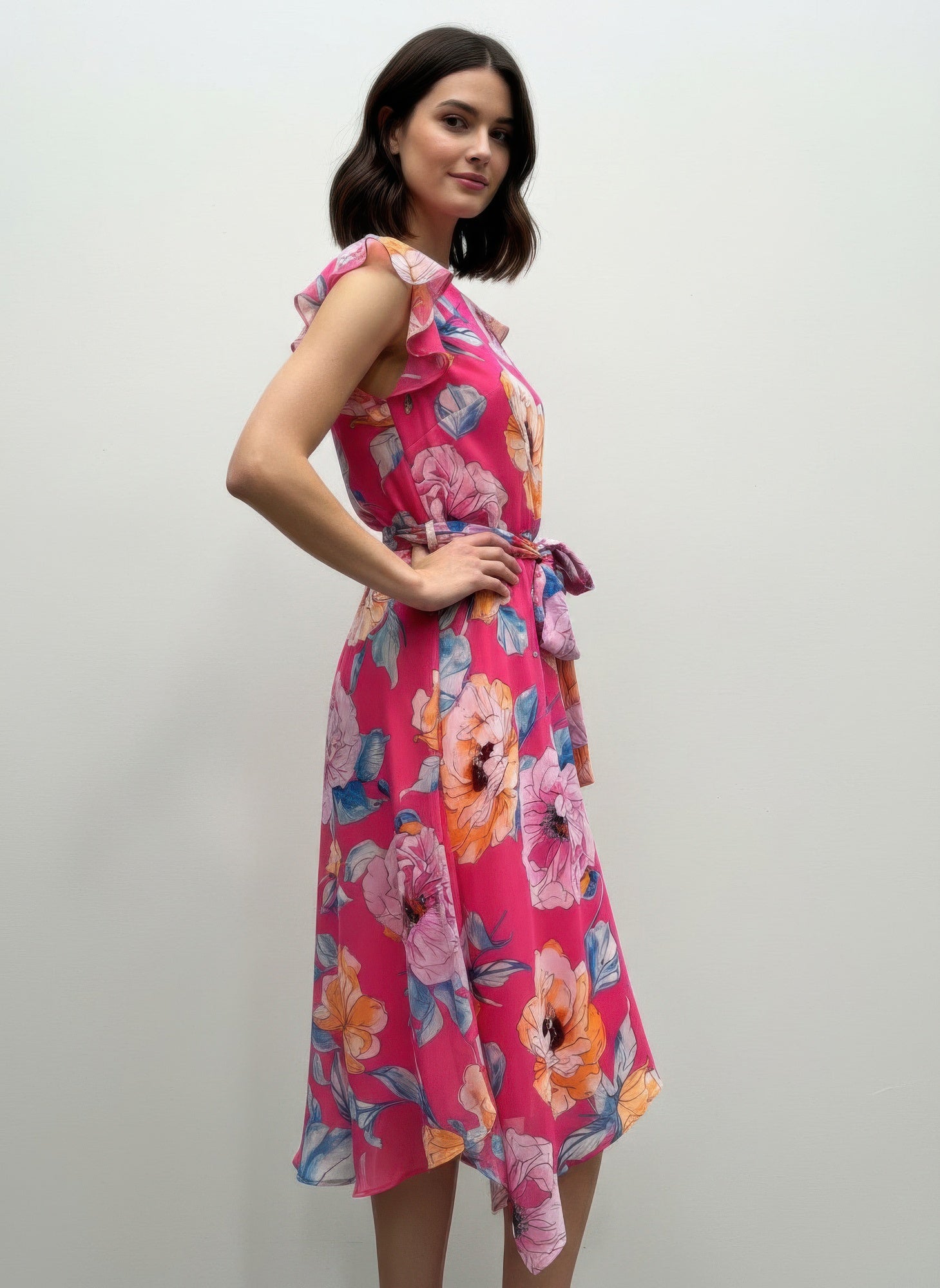 Bright Pink Floral Flutter-Sleeve Dress with a tie waist and a woman posing