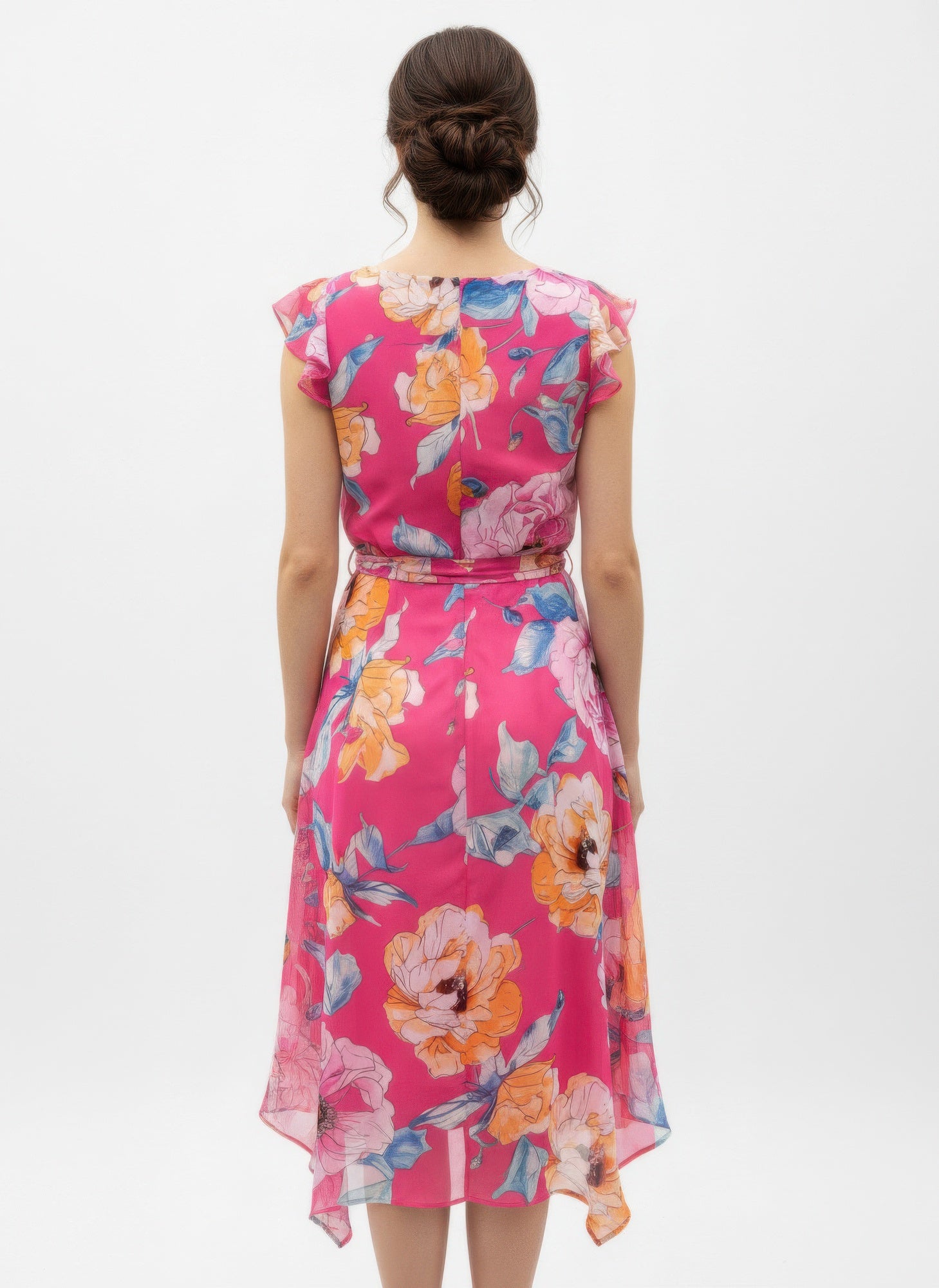 Bright Pink Floral Flutter-Sleeve Dress, back view