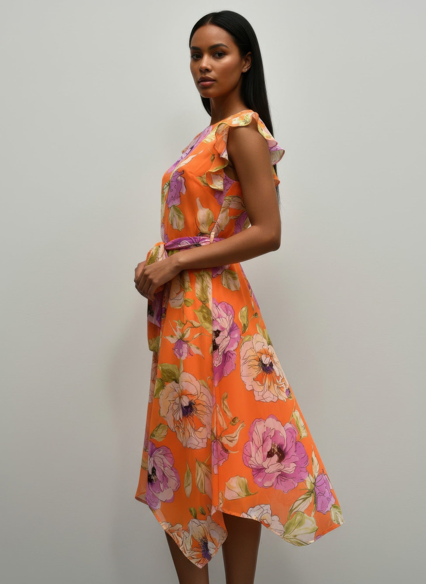 Bright Orange Floral Ruffle-Sleeve Dress