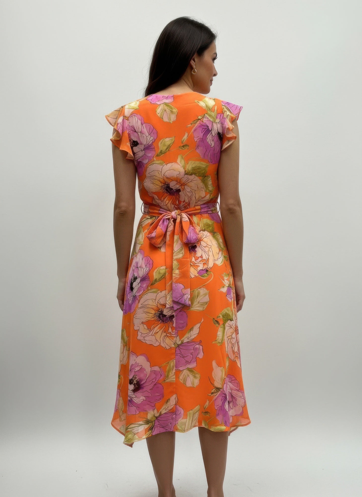 Bright Orange Floral Ruffle-Sleeve Dress, back view
