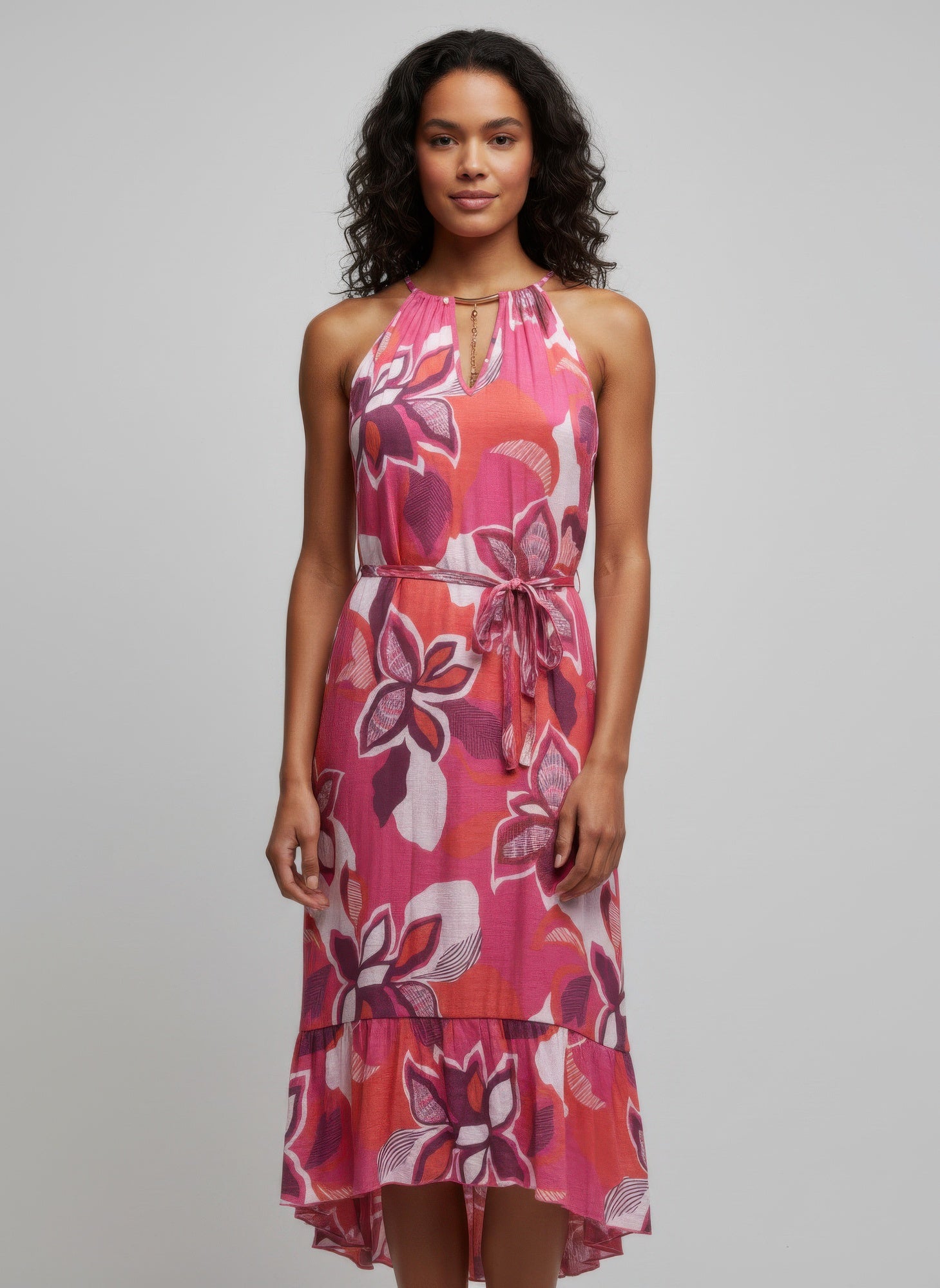 Petal Pink Floral Halter-Neck Dress with a tie waist and ruffled hem