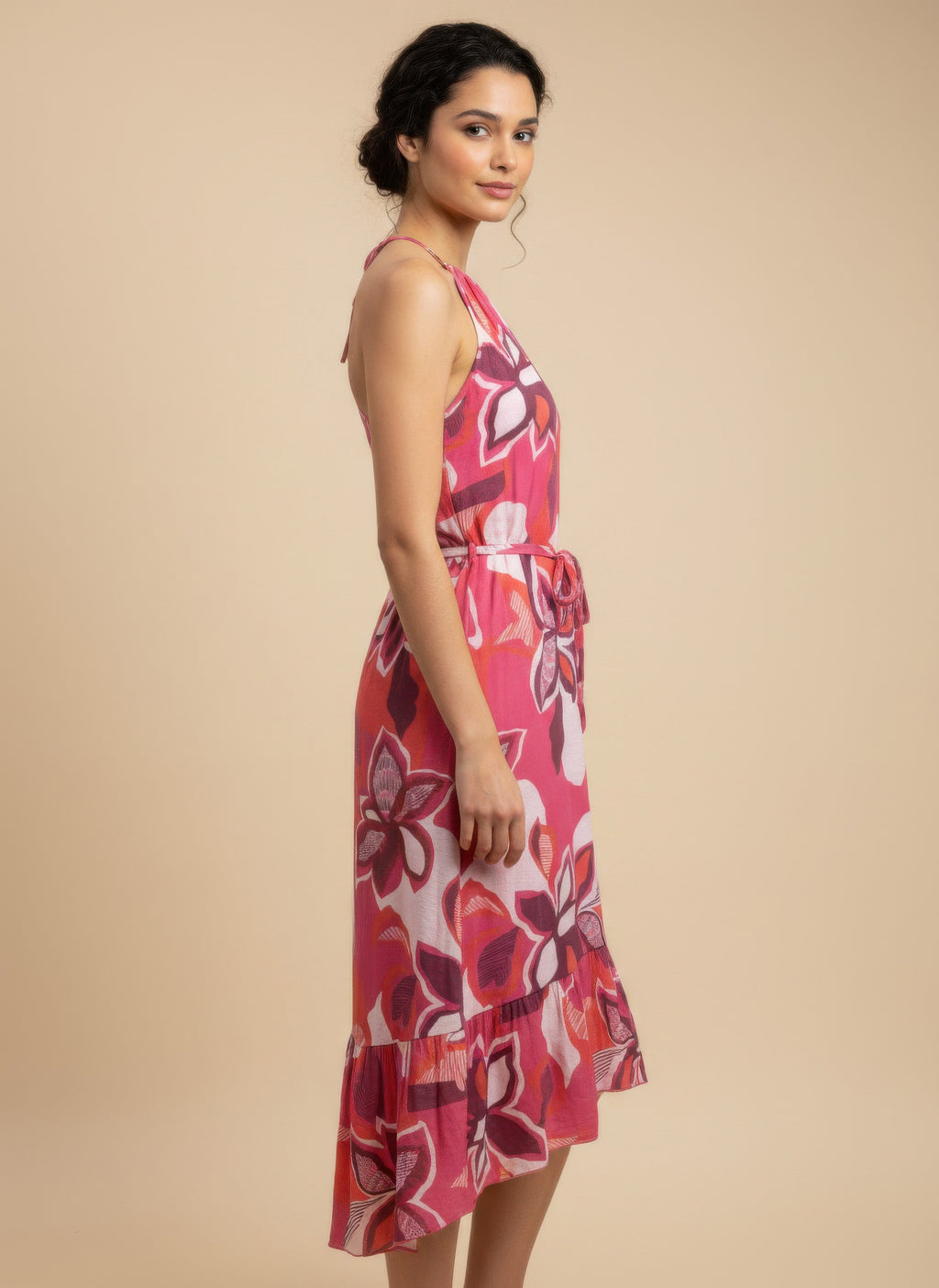 Petal Pink Floral Halter-Neck Dress with a tie waist and ruffled hem