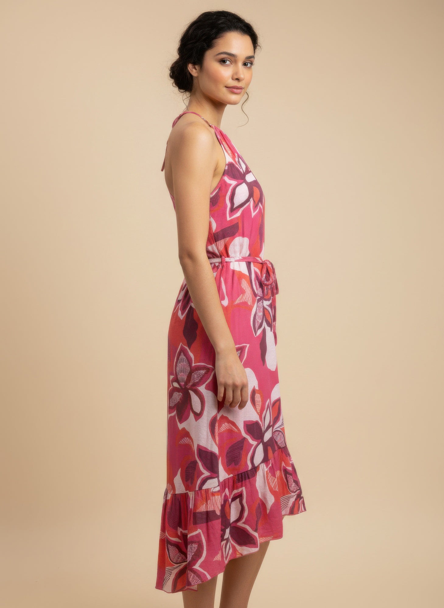 Petal Pink Floral Halter-Neck Dress with a tie waist and ruffled hem