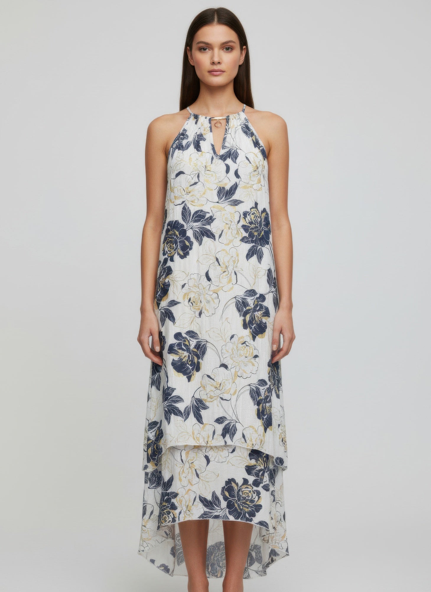 Porcelain Blue Floral Halter-Neck Dress