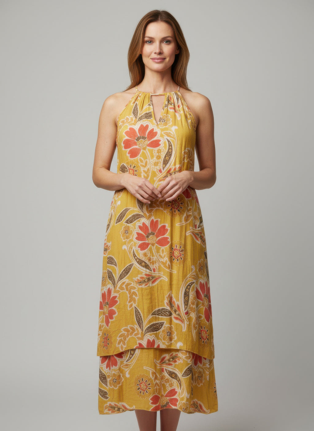 Golden Marigold Floral Halter-Neck Dress