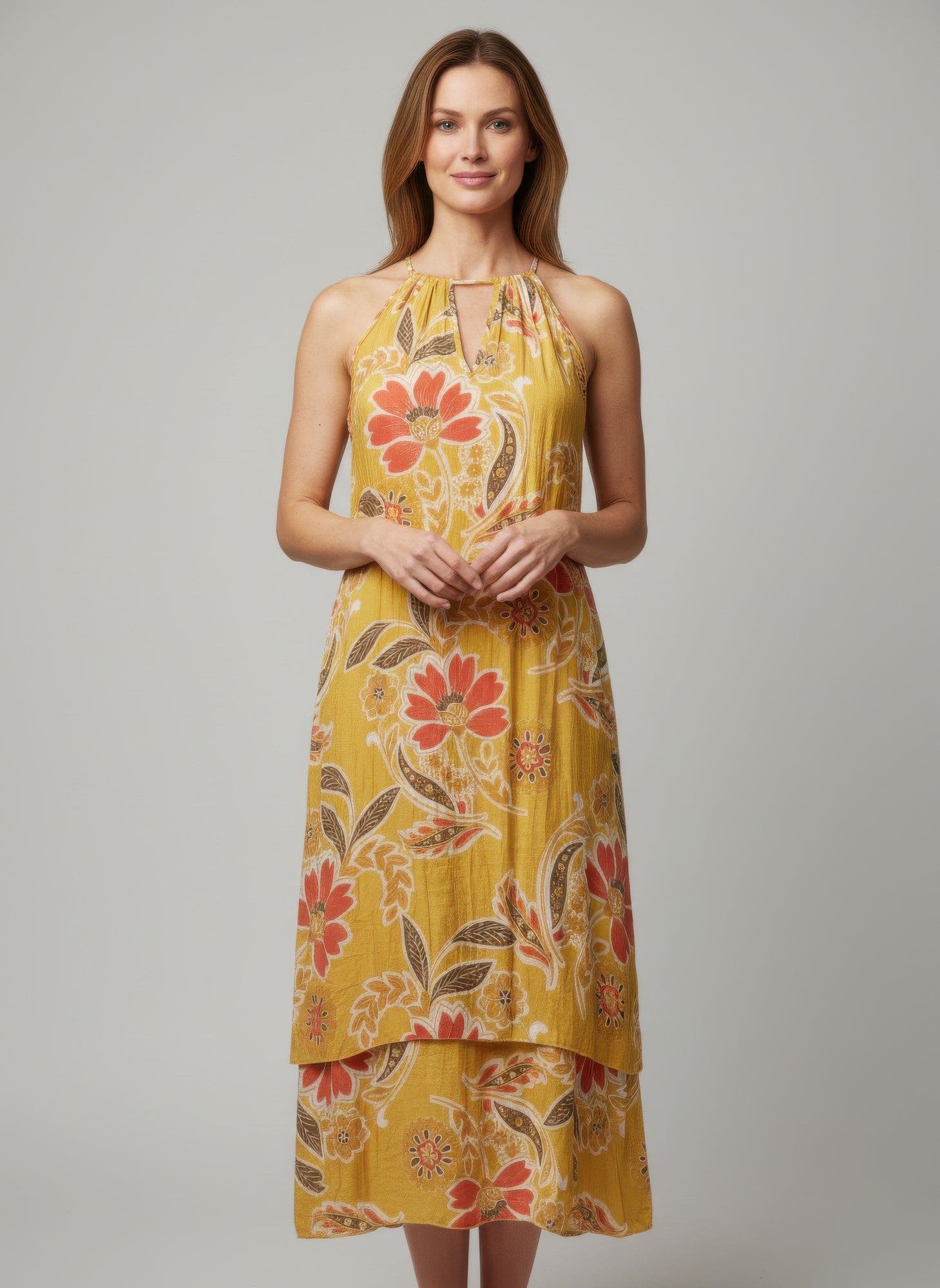 Golden Marigold Floral Halter-Neck Dress