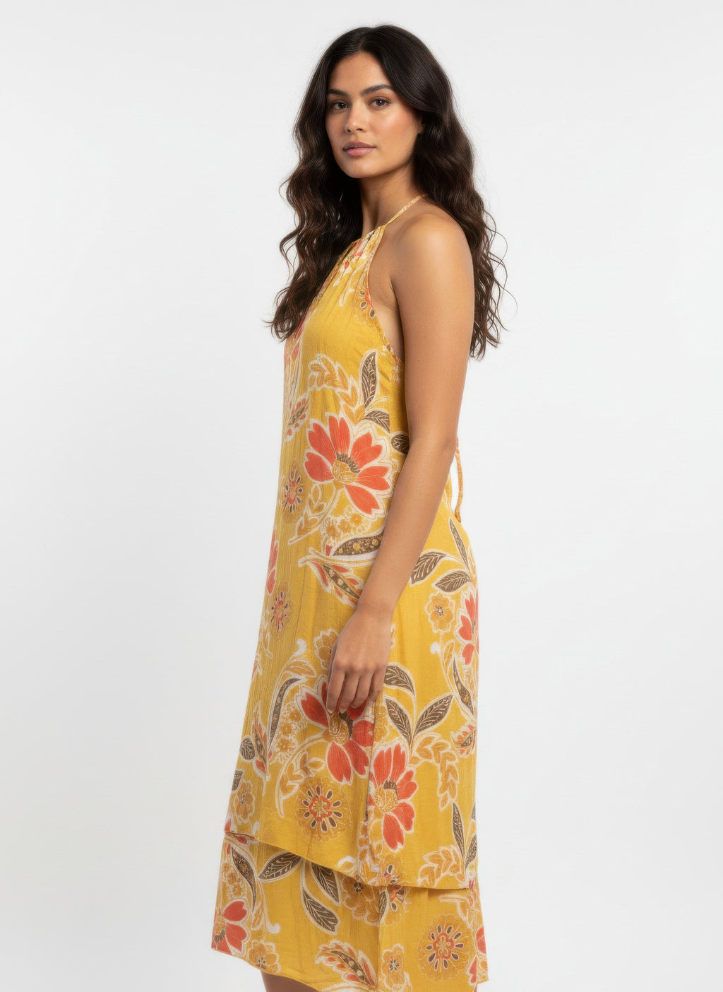 Golden Marigold Floral Halter-Neck Dress