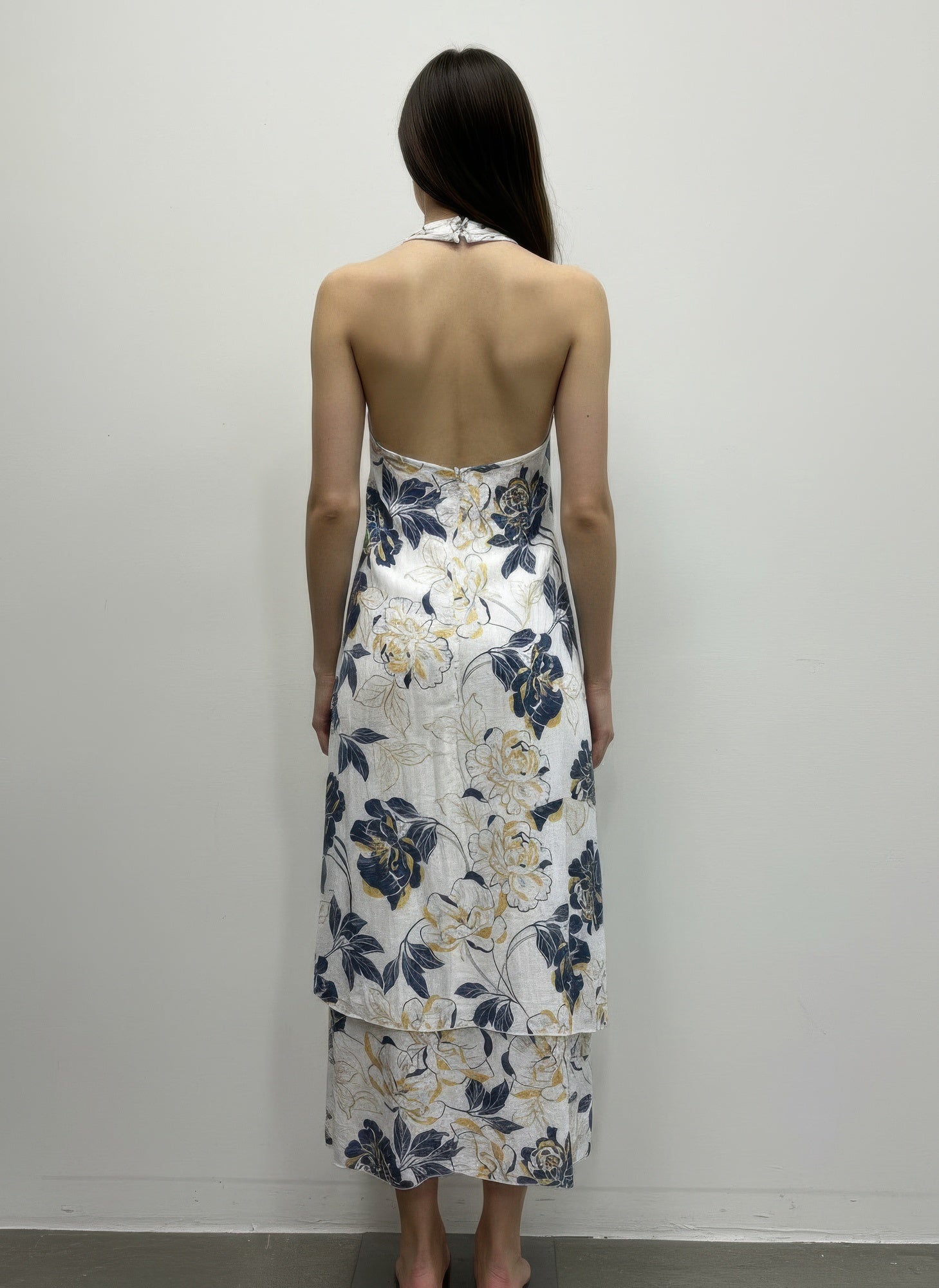 Back of Porcelain Blue Floral Halter-Neck Dress with blue and yellow floral pattern