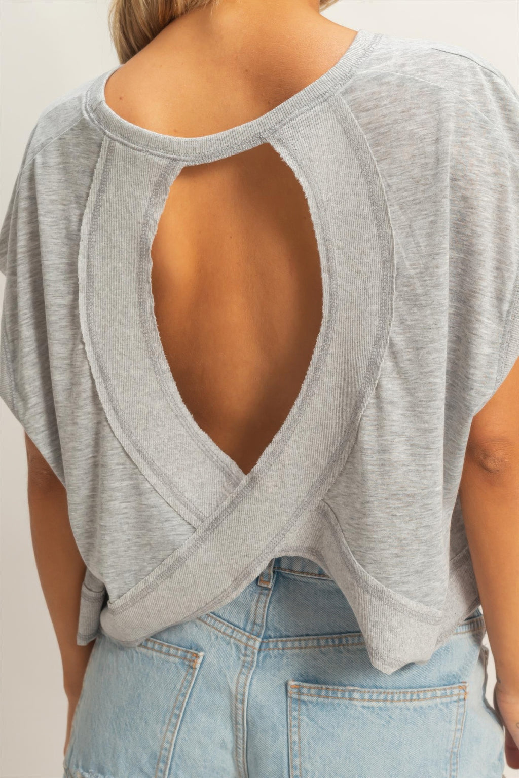 Silver Cloud Boxy Cropped Tee with large oval cutout on the back