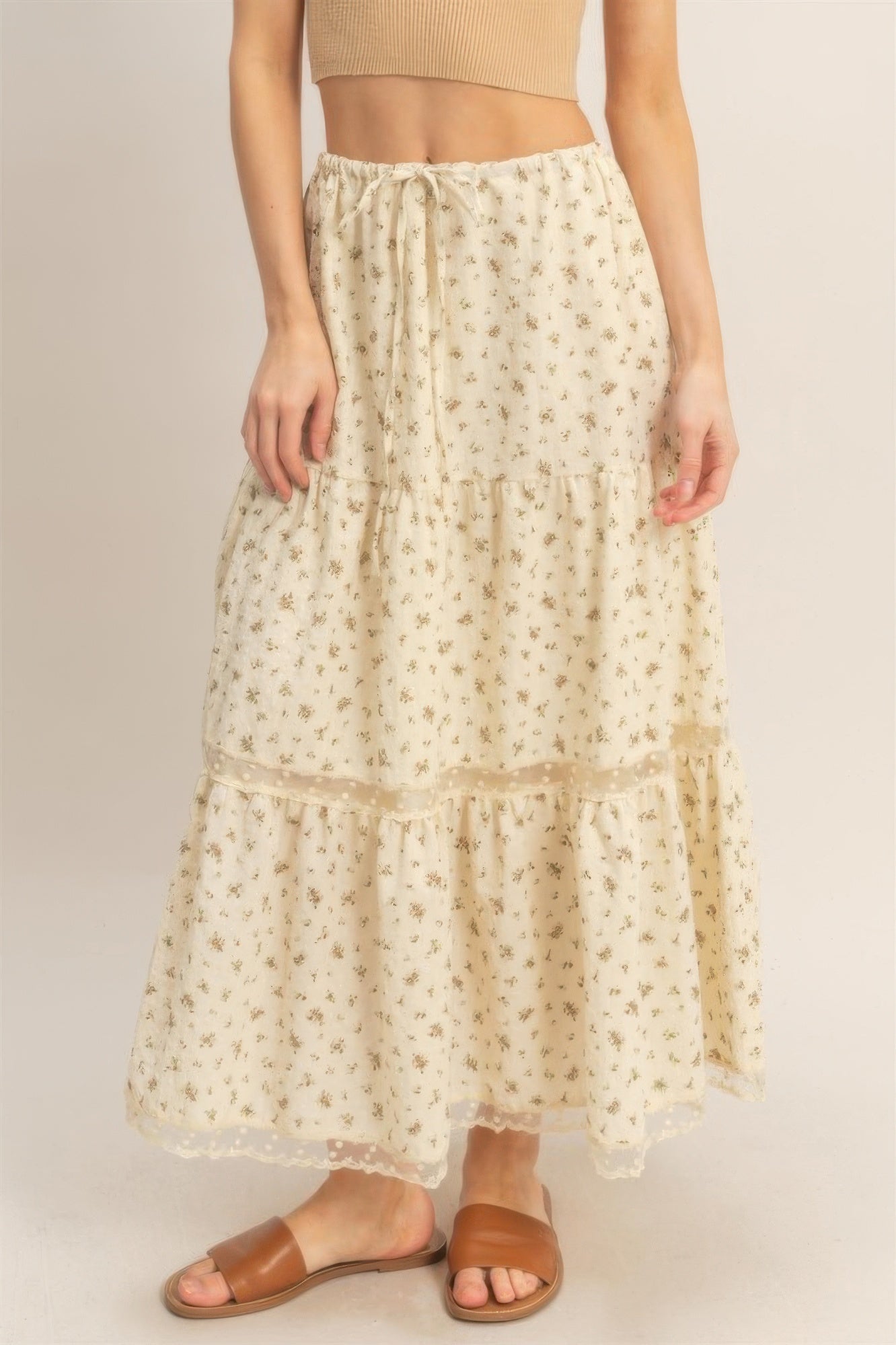 Buttercream Blossom Tiered Midi Skirt with small floral print and sheer polka dot trim