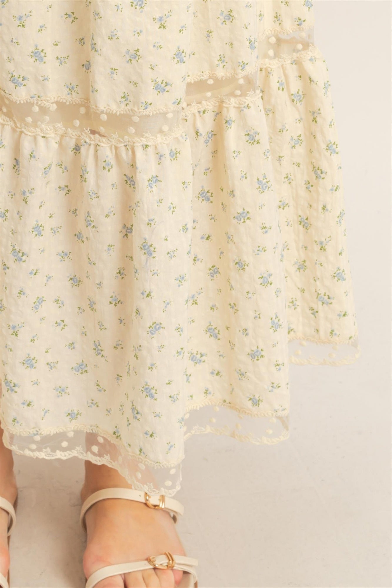 Vanilla Bluebell Tiered Midi Skirt with blue floral print and sheer polka dot trim