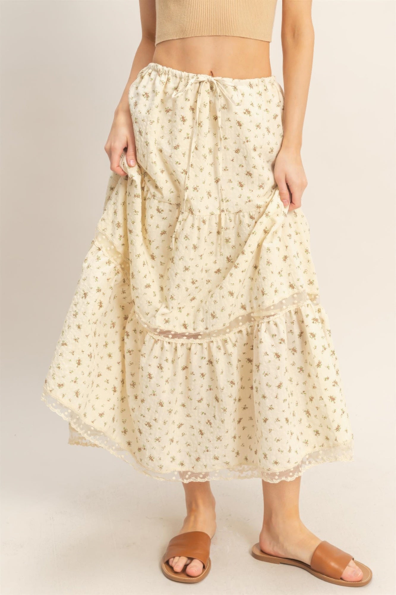 Buttercream Blossom Tiered Midi Skirt with small floral print and lace trim