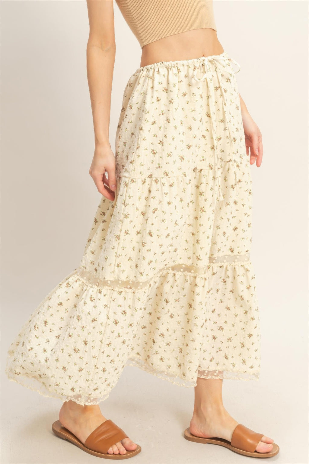 Buttercream Blossom Tiered Midi Skirt with small floral print and sheer polka dot trim