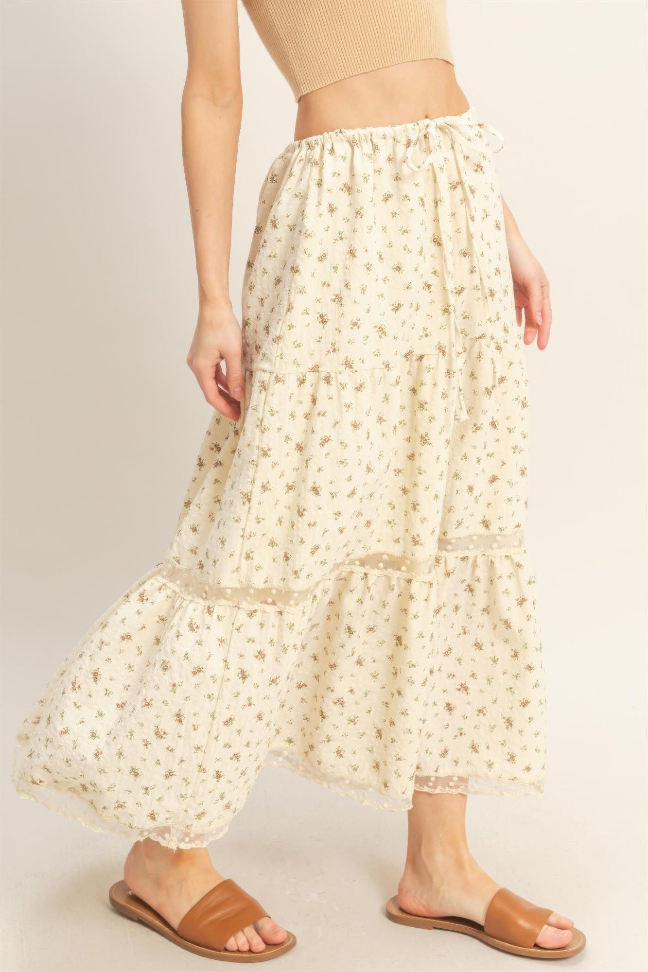 Buttercream Blossom Tiered Midi Skirt with small floral print and sheer polka dot trim