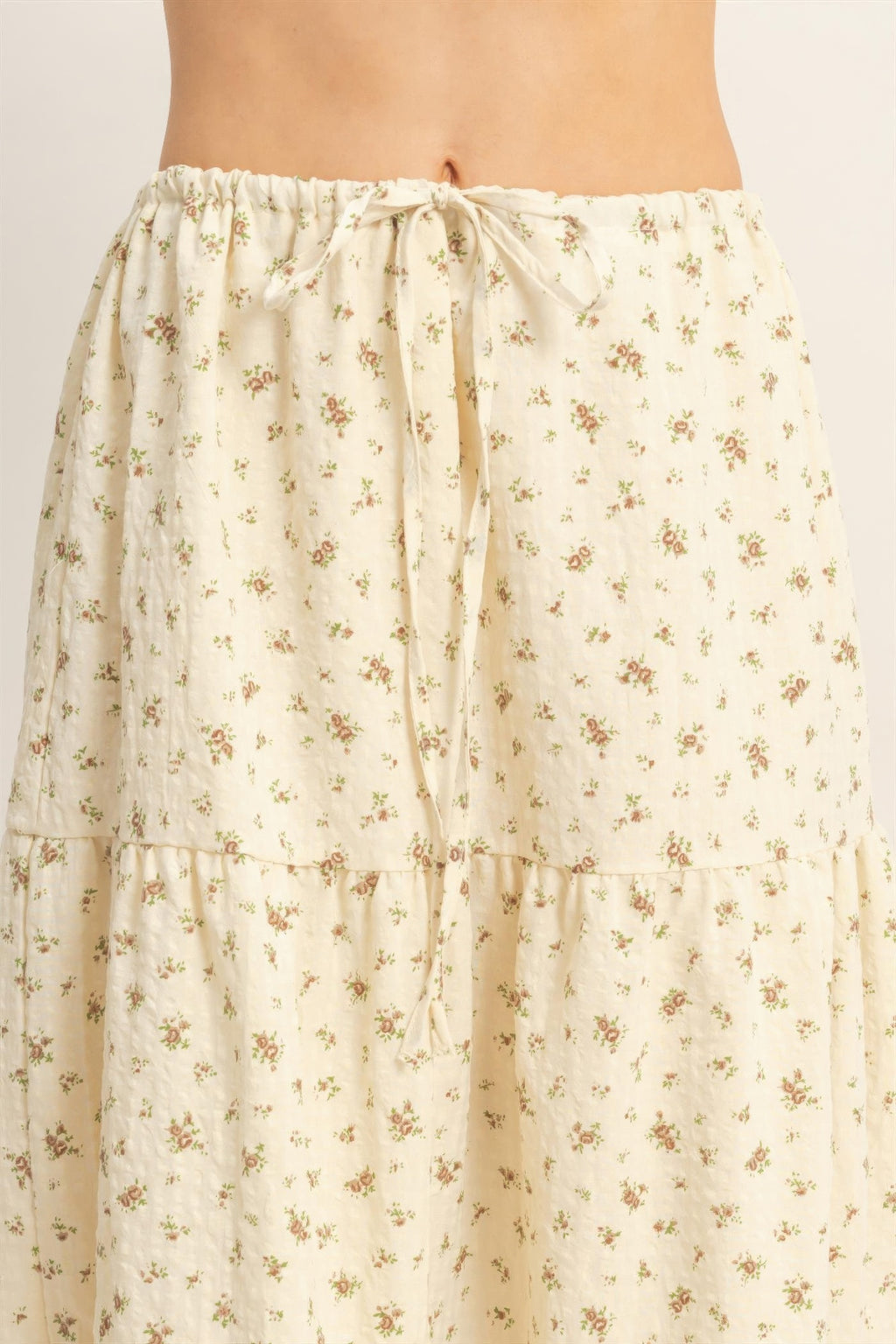 Buttercream Blossom Tiered Midi Skirt with small floral print and drawstring waist