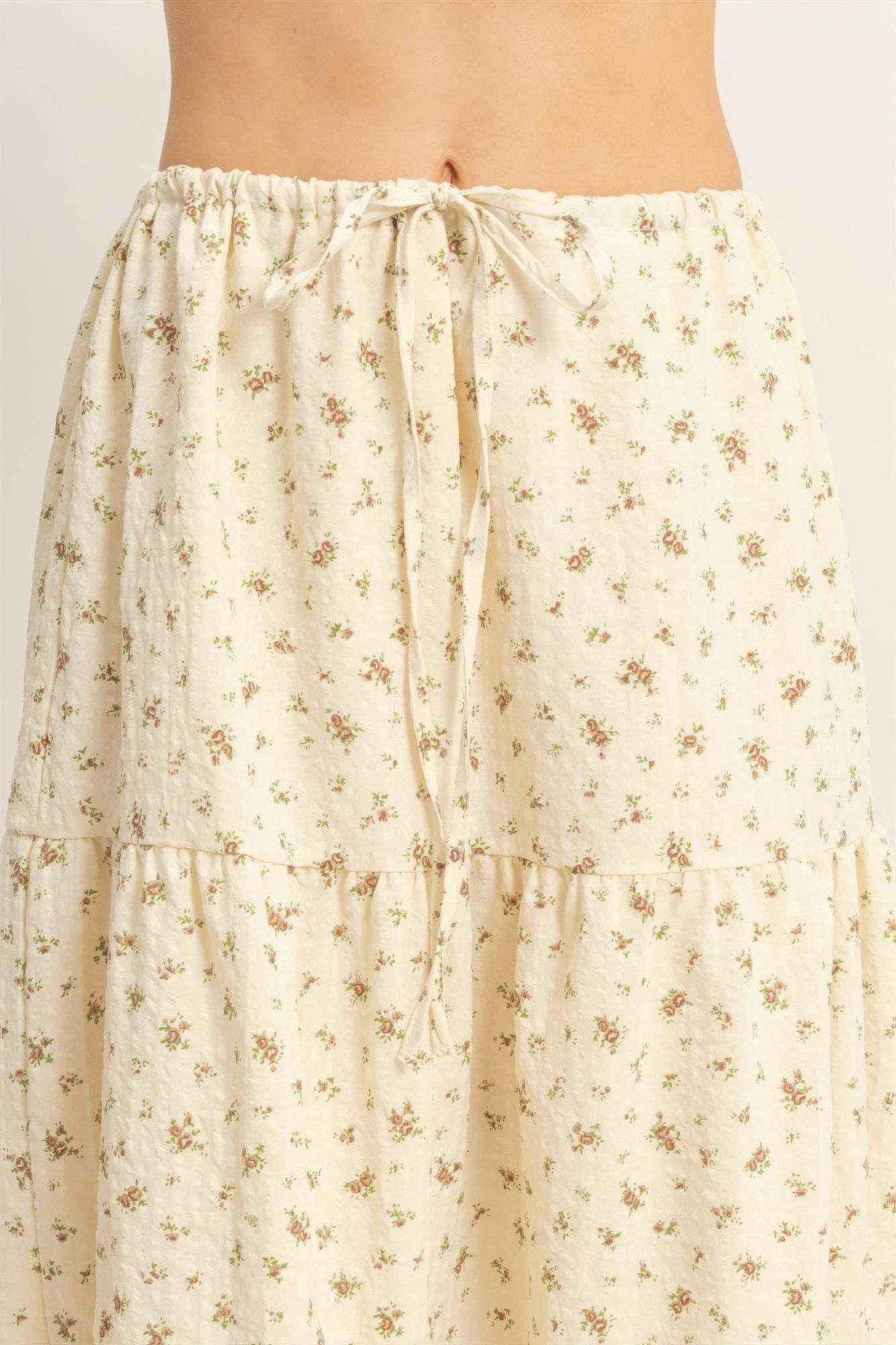 Buttercream Blossom Tiered Midi Skirt with small floral print and drawstring waist