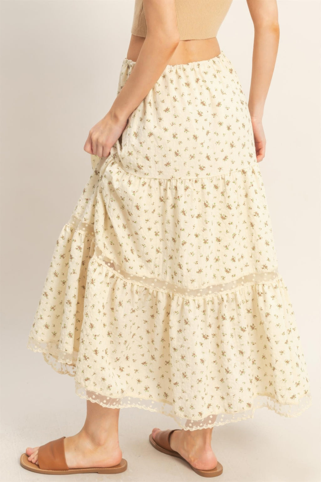 Buttercream Blossom Tiered Midi Skirt with small floral print and sheer polka dot tiers