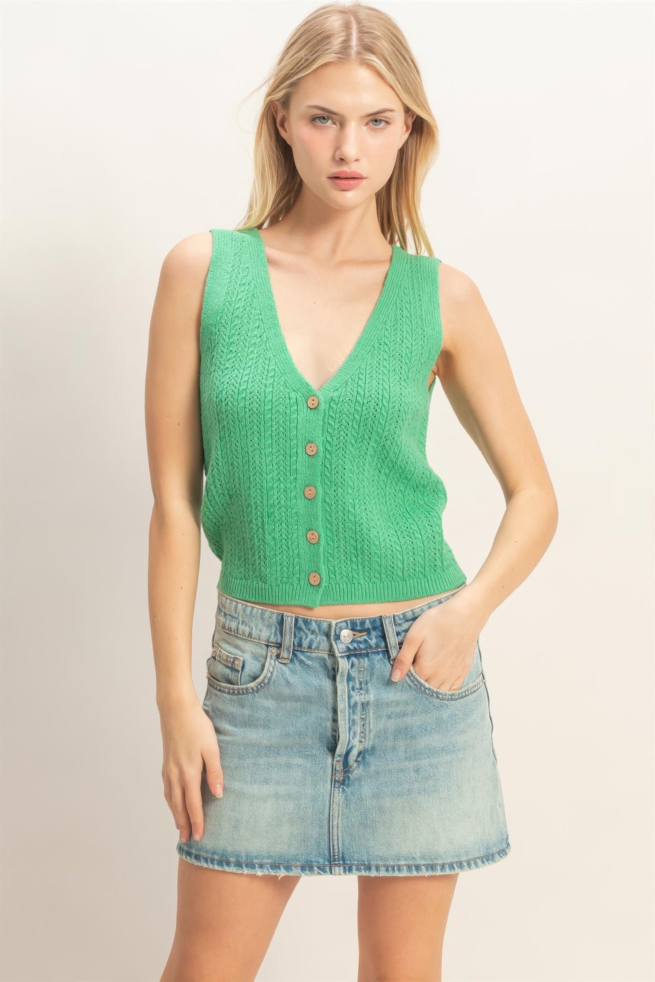 Verdant Clover Button-Front Knit Tank Top