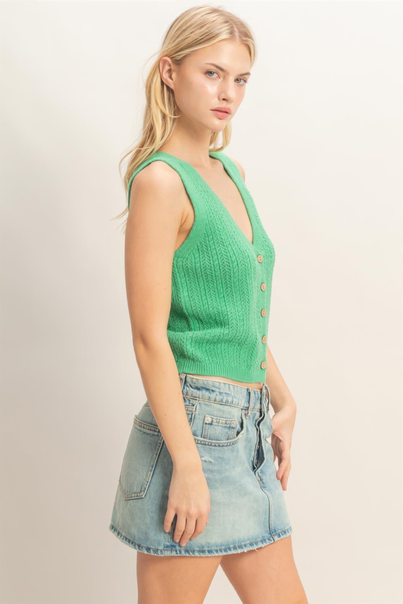 Verdant Clover Button-Front Knit Tank Top with light wash denim skirt