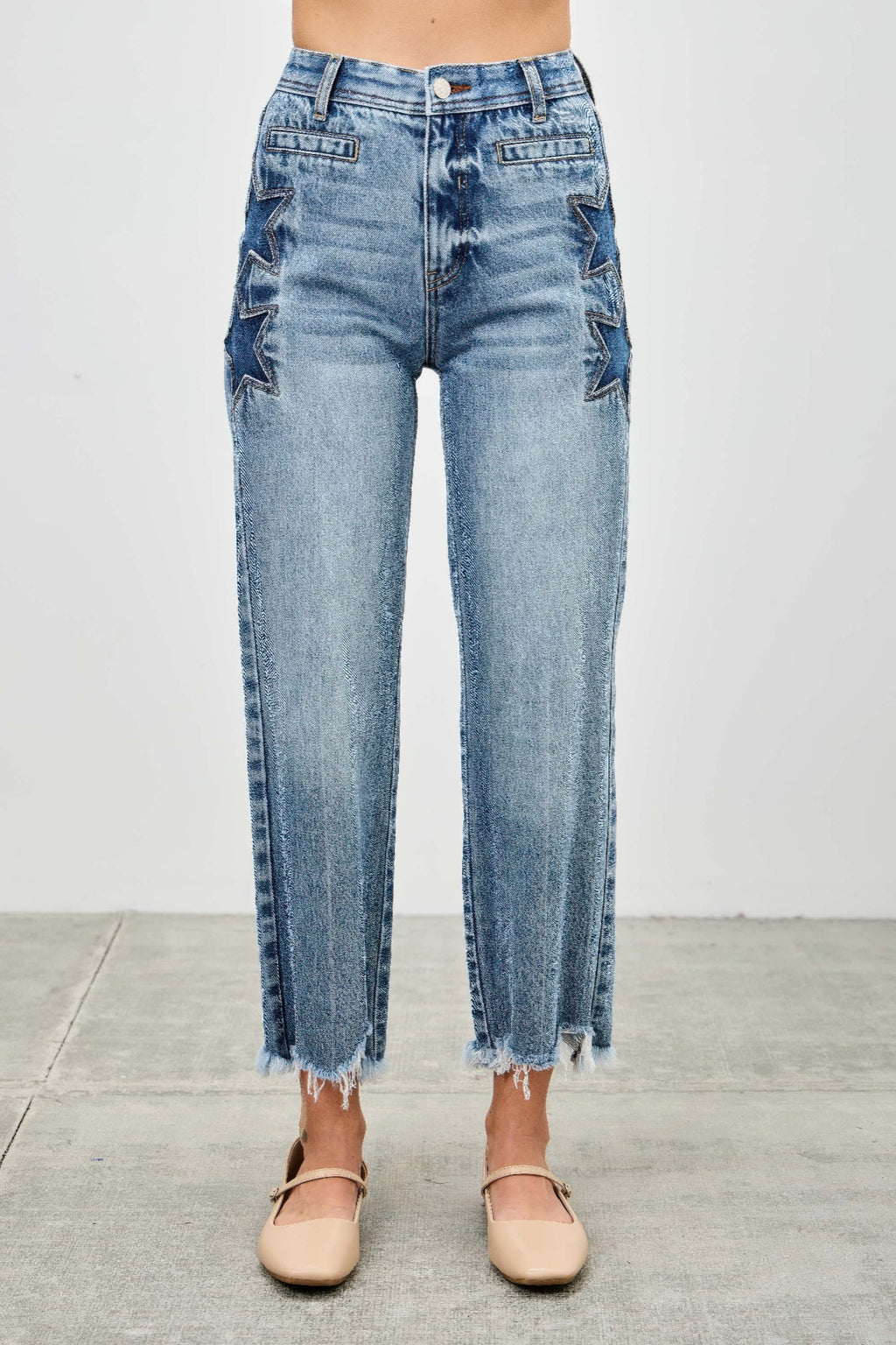 High Rise Crop Wide Leg Jeans with Star Detail