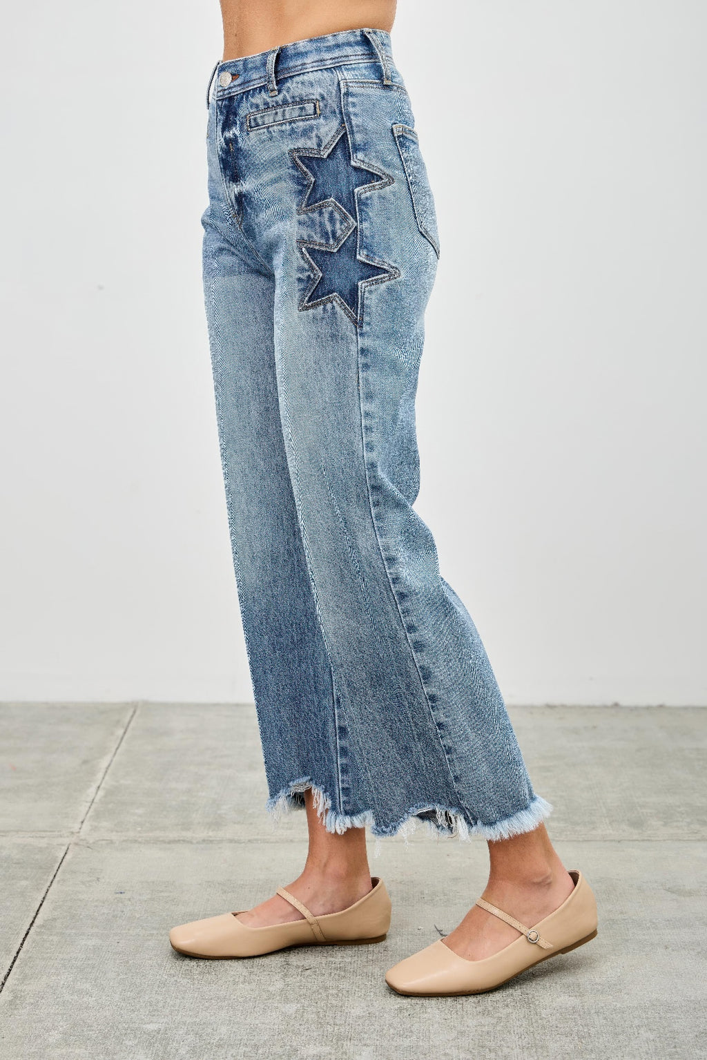 High Rise Crop Wide Leg Jeans with Star Detail