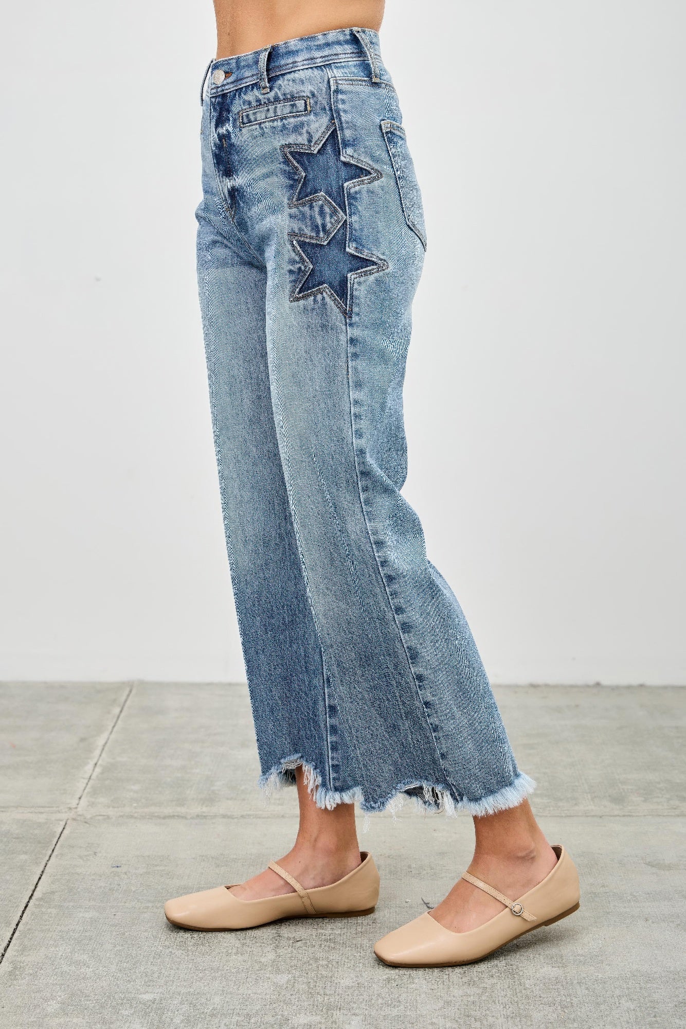 High Rise Crop Wide Leg Jeans with Star Detail