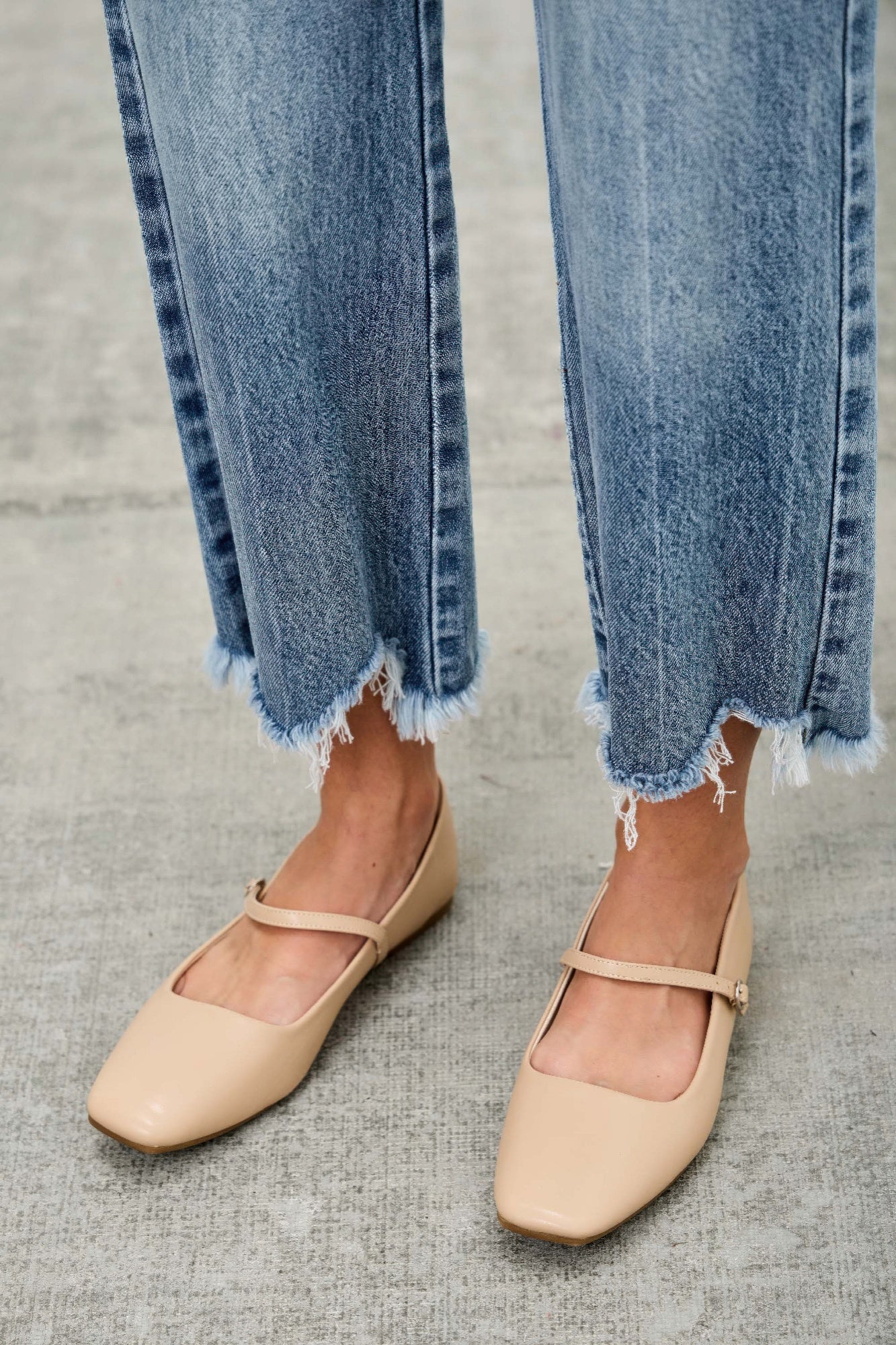 High Rise Crop Wide Leg Jeans with Star Detail, frayed hem, and beige ballet flats