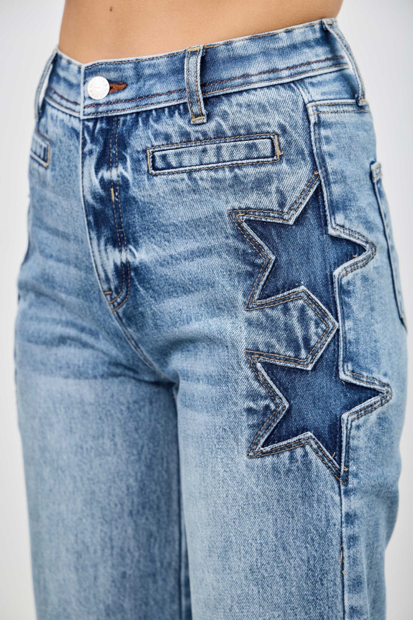 High Rise Crop Wide Leg Jeans with Star Detail, close up of star detail on leg