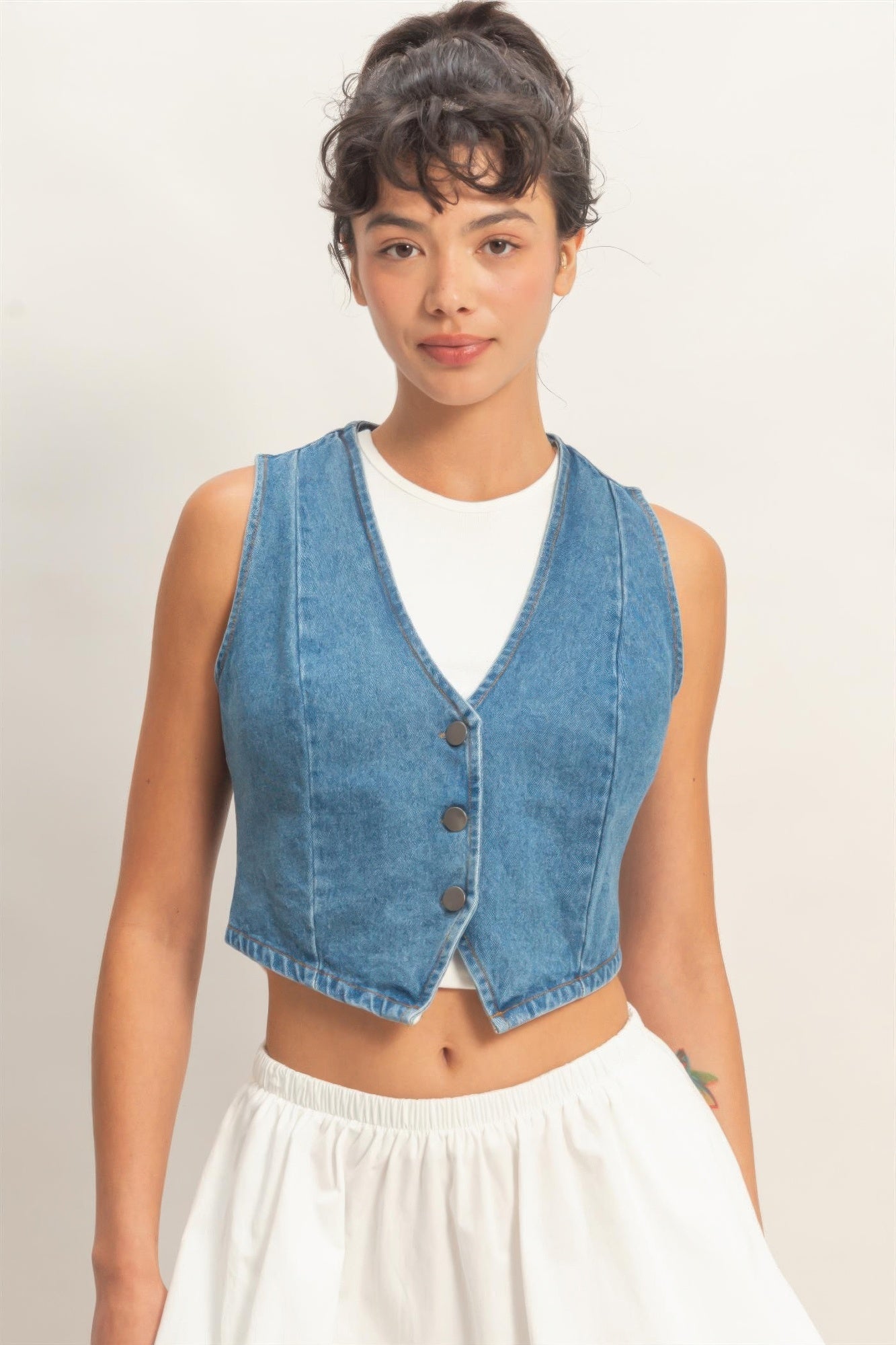 Washed Indigo Denim Button-Front Cropped Vest