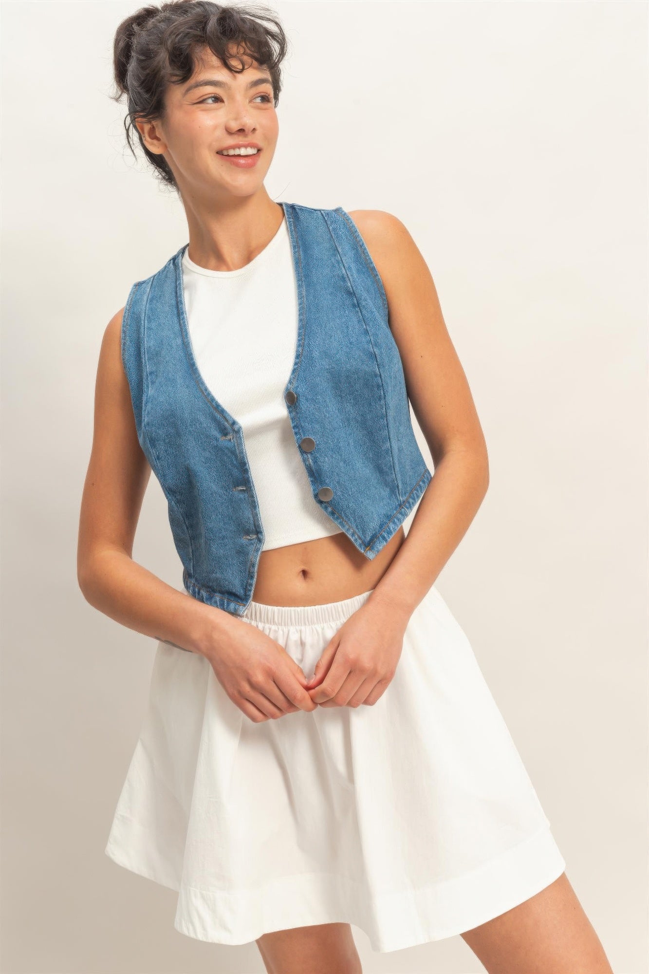 Washed Indigo Denim Button-Front Cropped Vest