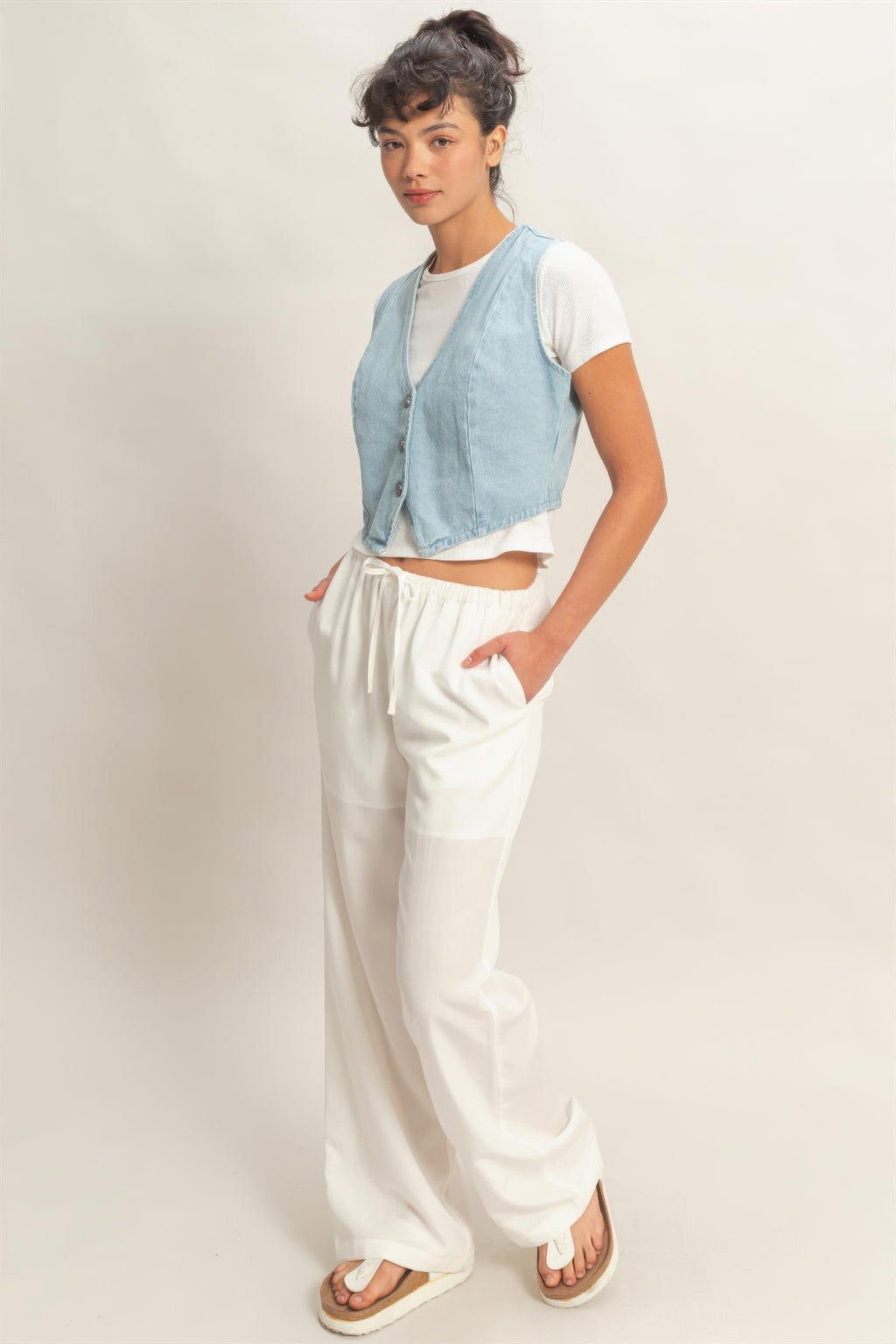 Washed Sky Denim Button-Front Cropped Vest