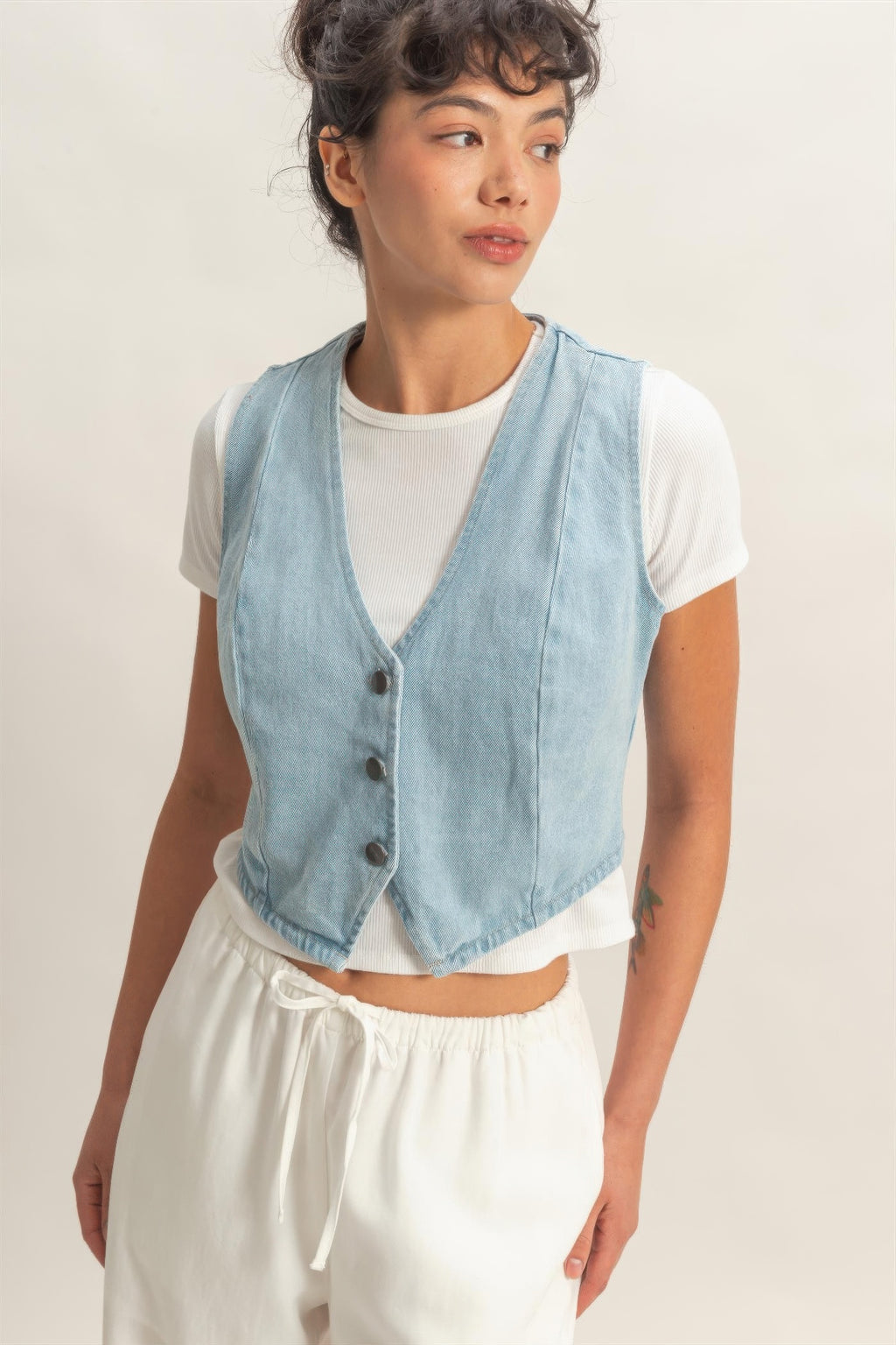 Washed Sky Denim Button-Front Cropped Vest