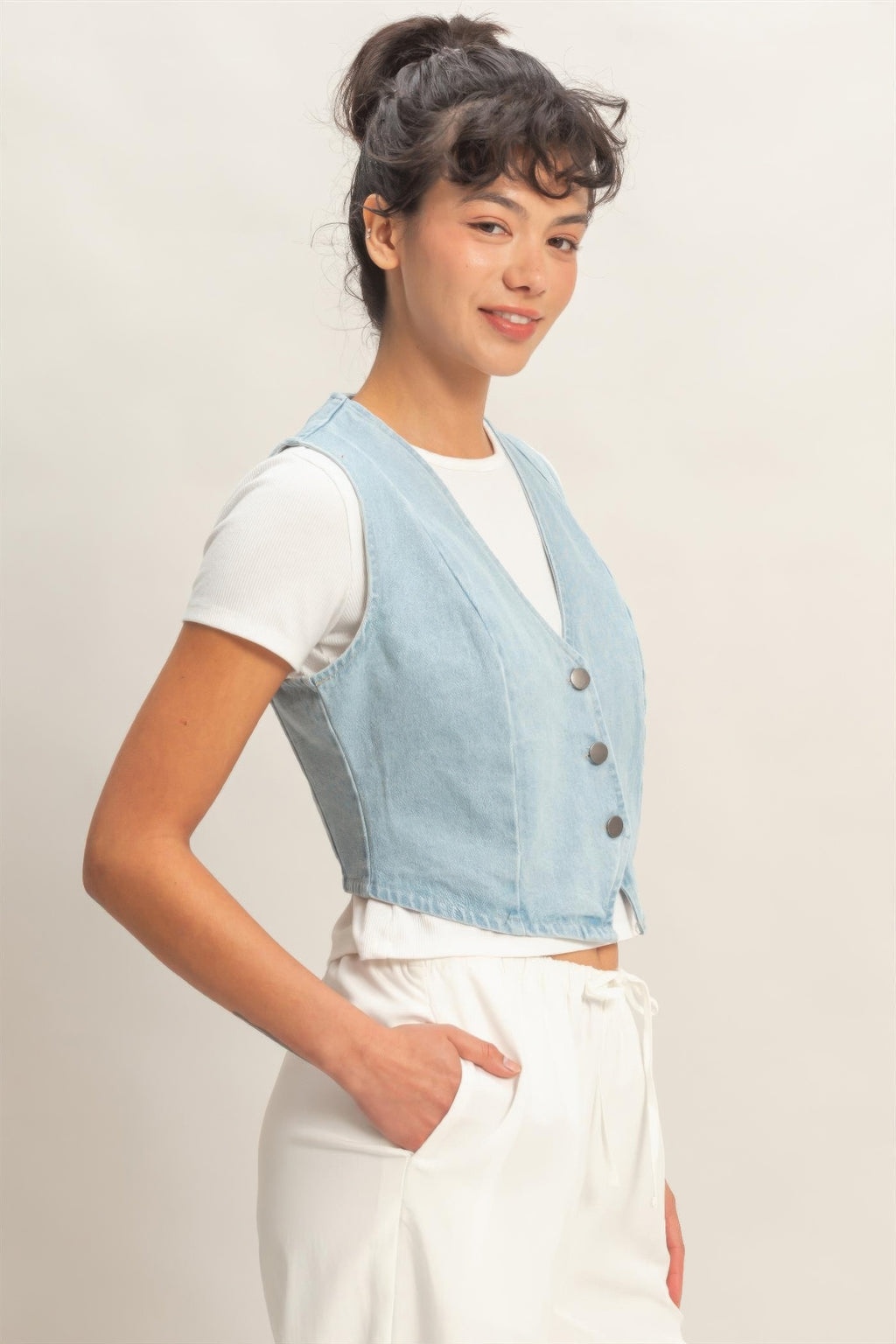 Washed Sky Denim Button-Front Cropped Vest