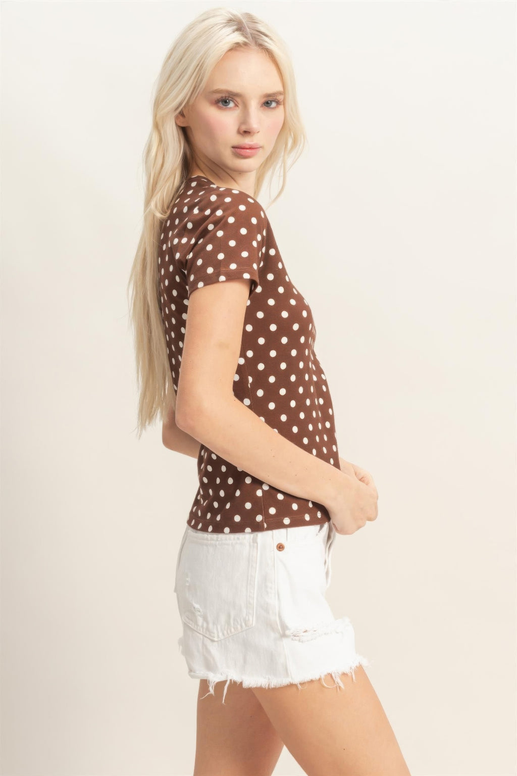 Cocoa Mocha Polka Dot Top with white polka dots and white denim shorts