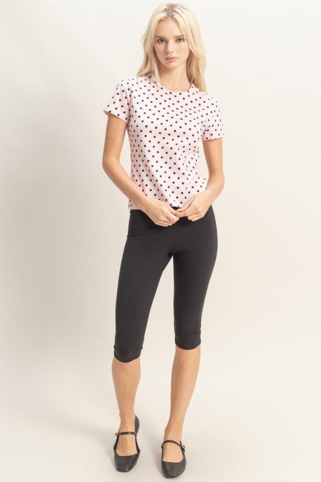 Blush Porcelain Polka Dot Fitted Short-Sleeve Top with black polka dots