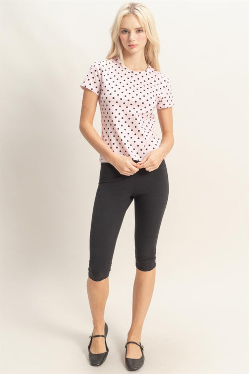 Blush Porcelain Polka Dot Fitted Short-Sleeve Top with black polka dots