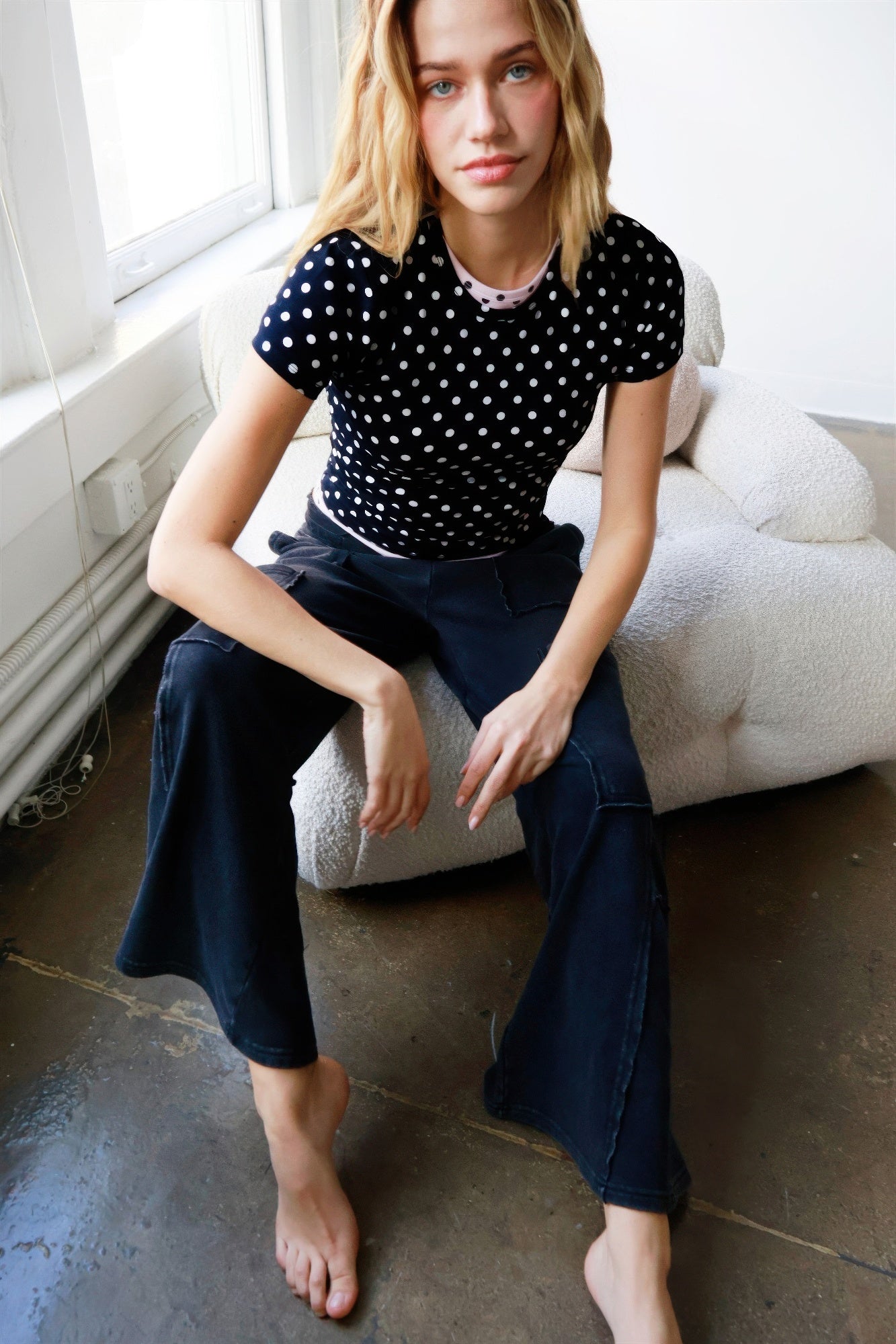 Ink Black Polka Dot Fitted Short-Sleeve Top