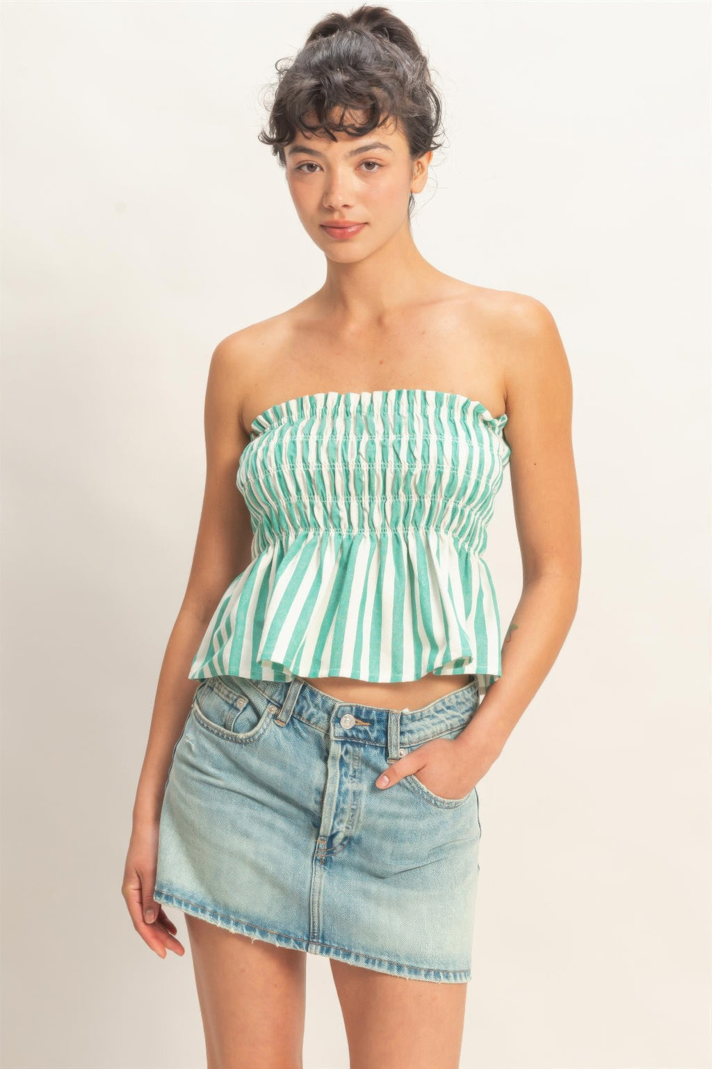 Seafoam Stripe Smocked Peplum Strapless Top with light wash denim skirt