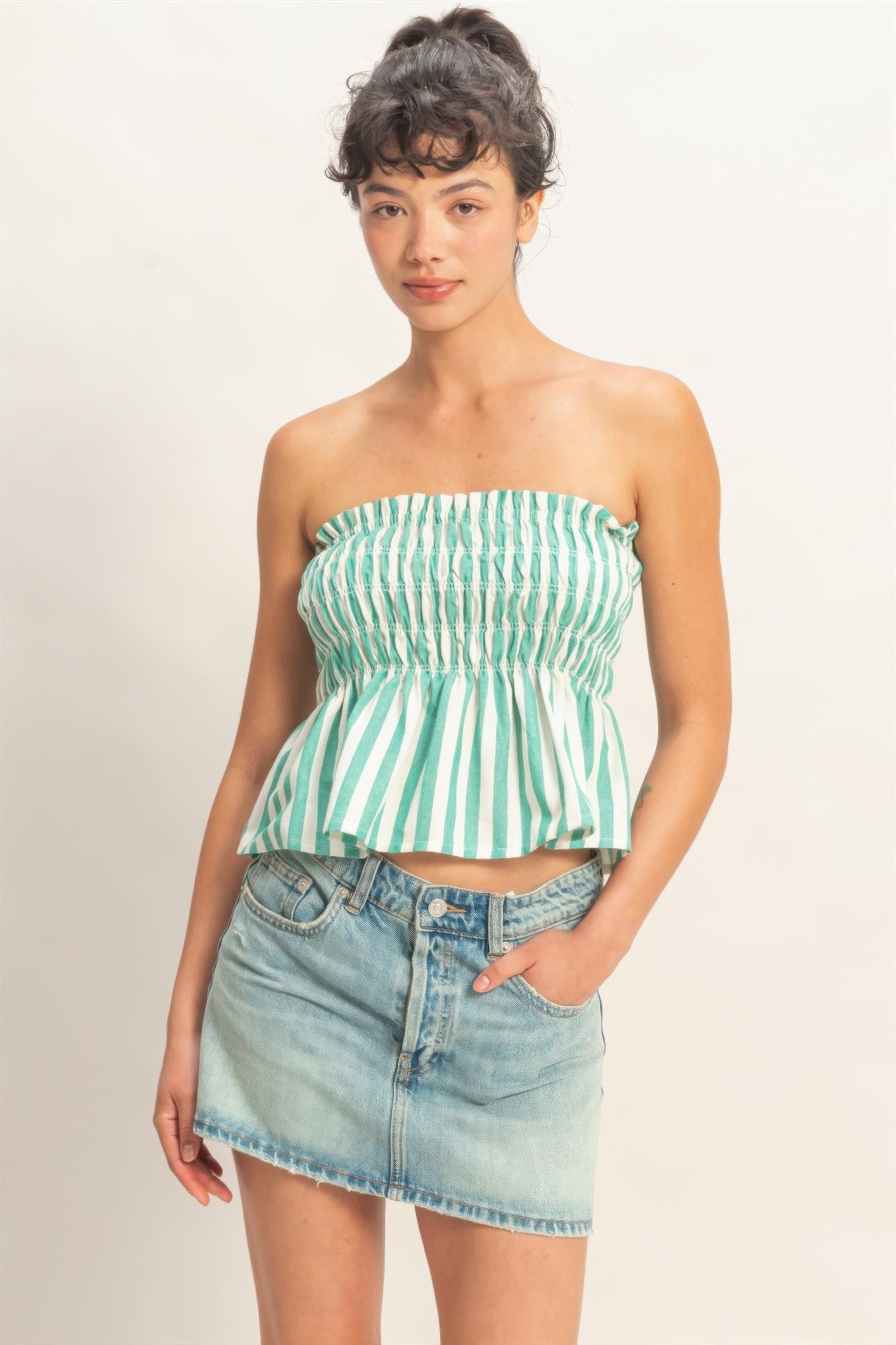 Seafoam Stripe Smocked Peplum Strapless Top with light wash denim skirt