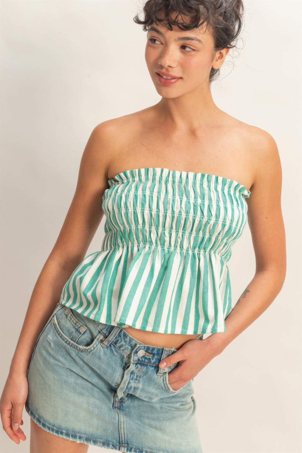 Seafoam Stripe Smocked Peplum Strapless Top with light wash denim shorts