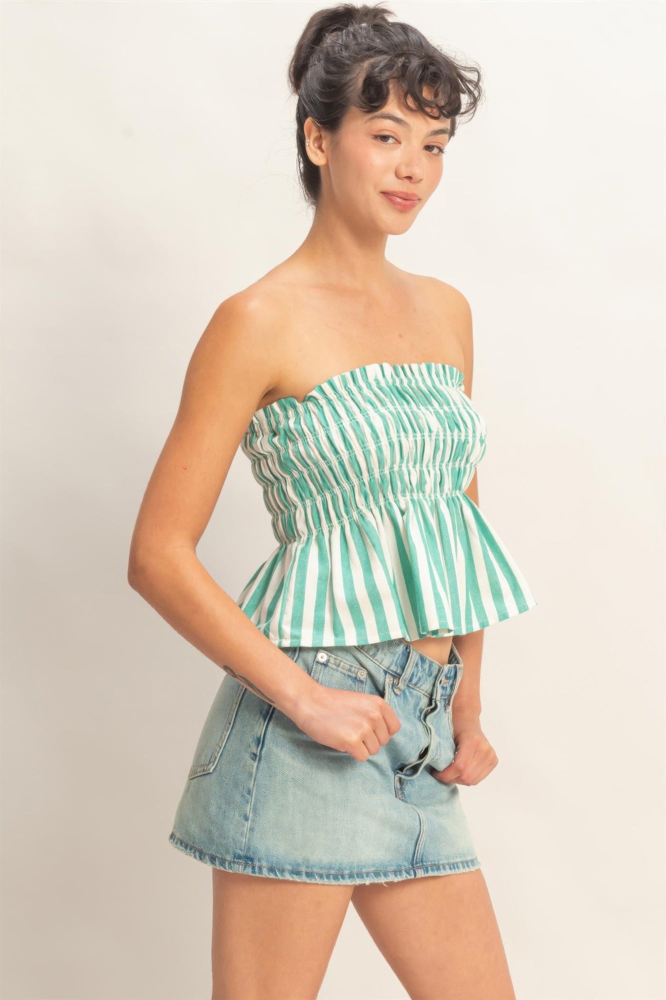 Seafoam Stripe Smocked Peplum Strapless Top with light wash denim skirt