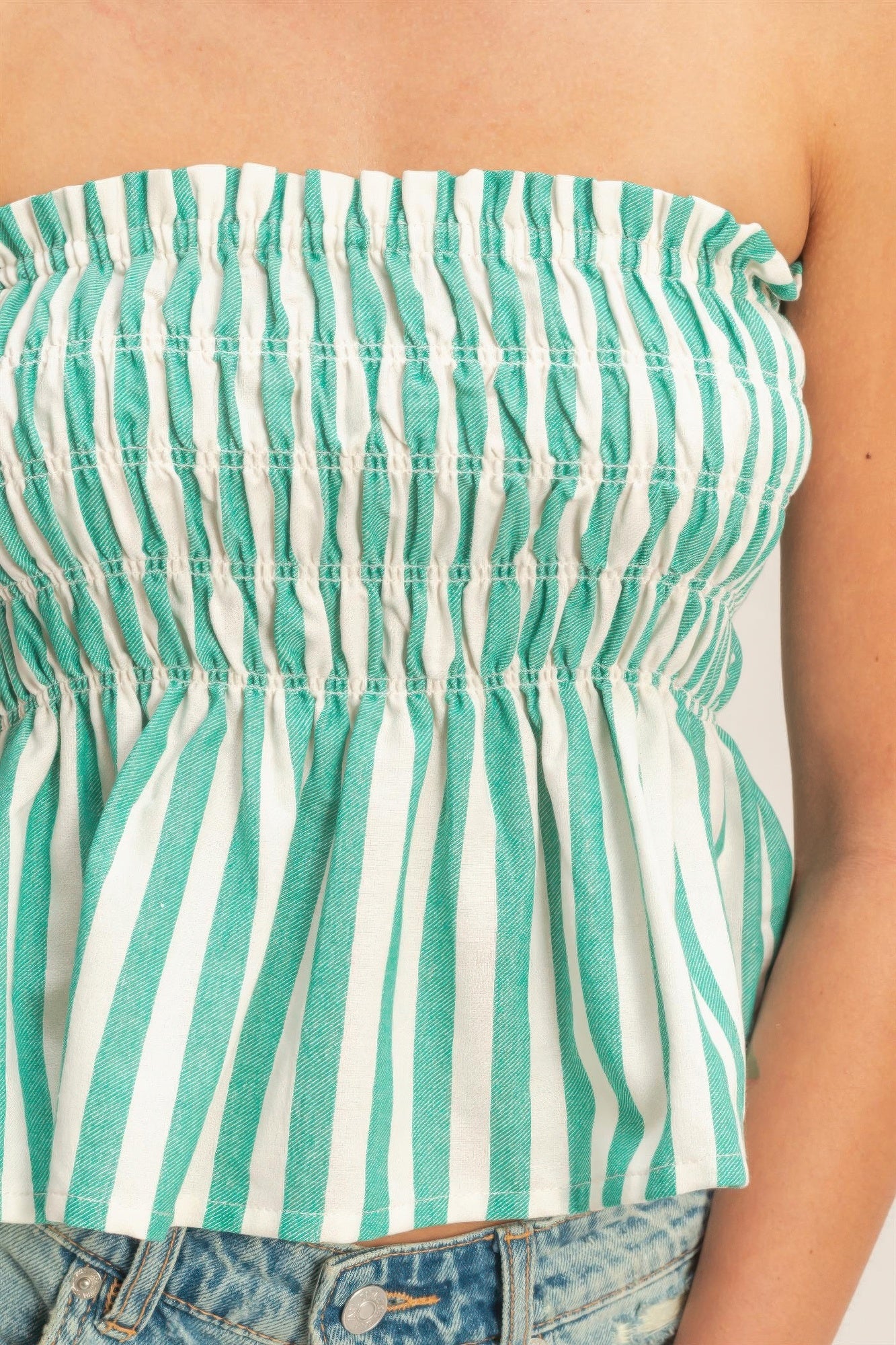 Seafoam Stripe Smocked Peplum Strapless Top with white and seafoam green vertical stripes